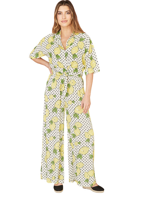 Mela White Viscose Lemon Print Tie Shirt Yumi