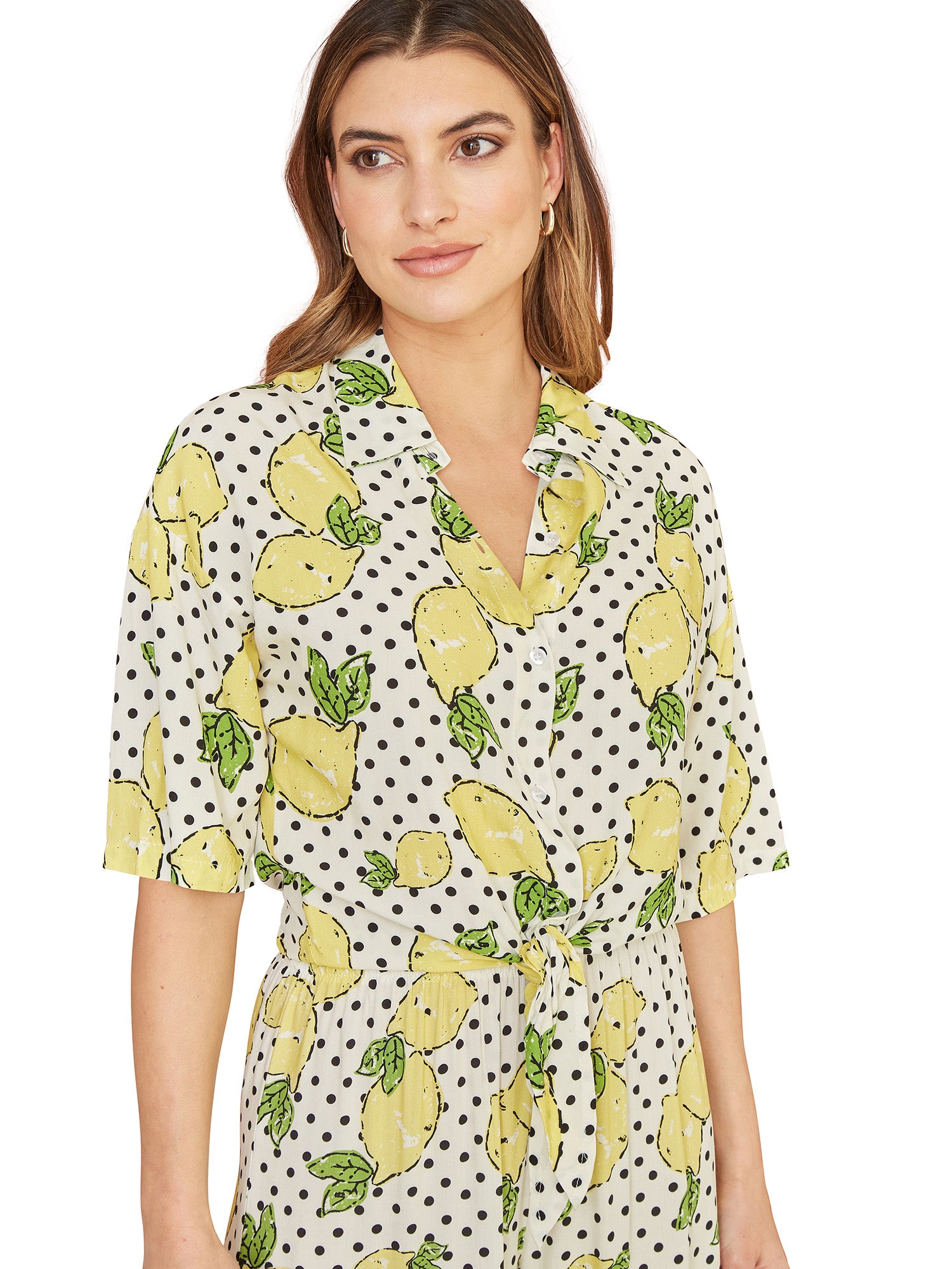 Mela White Viscose Lemon Print Tie Shirt Yumi