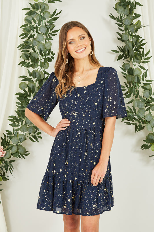 Yumi Navy Star Print Skater Dress DRES Party Yumi