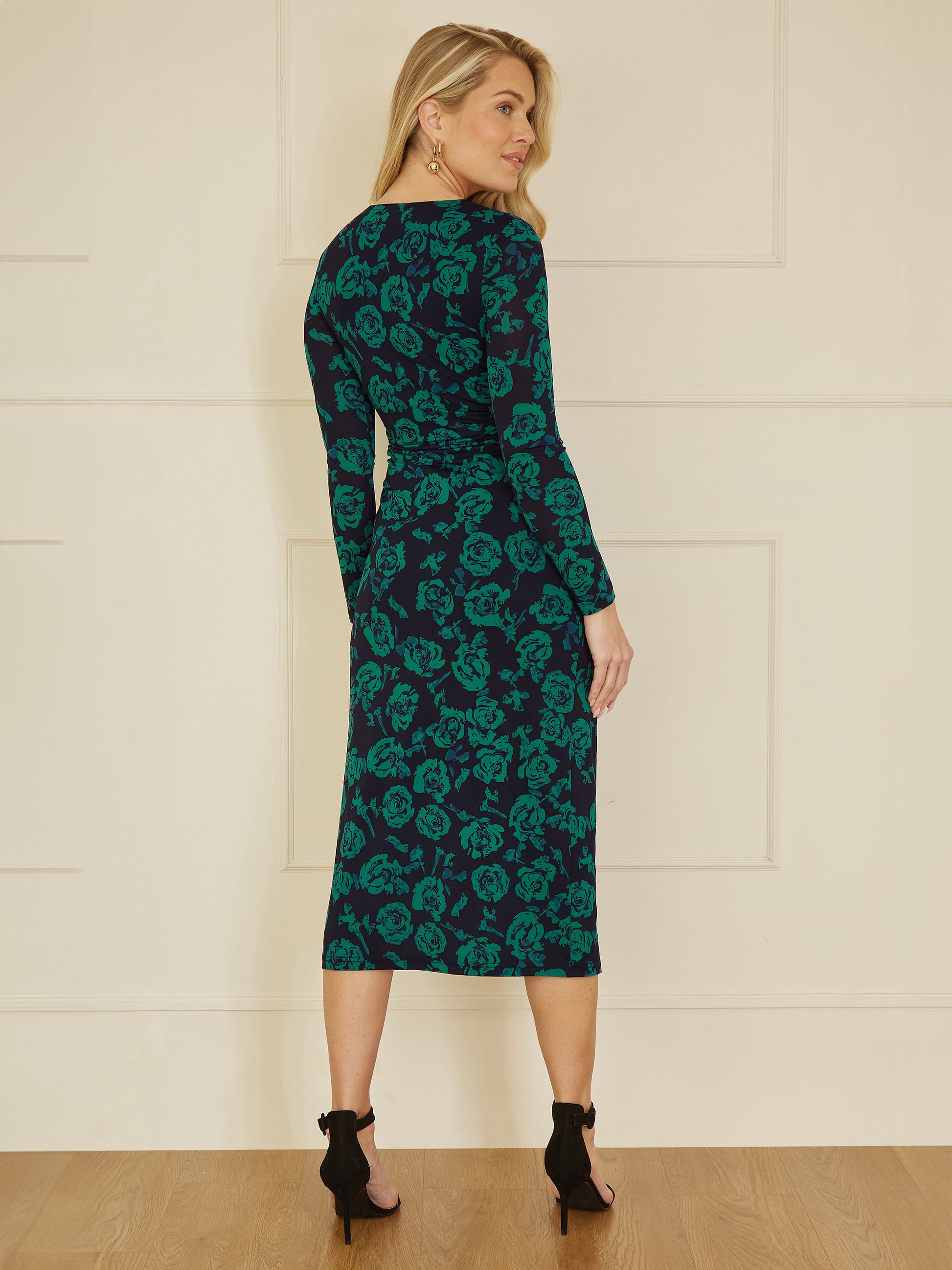 Yumi Green Floral Fitted Mesh Midi Dress With Long Sleeves Yumi