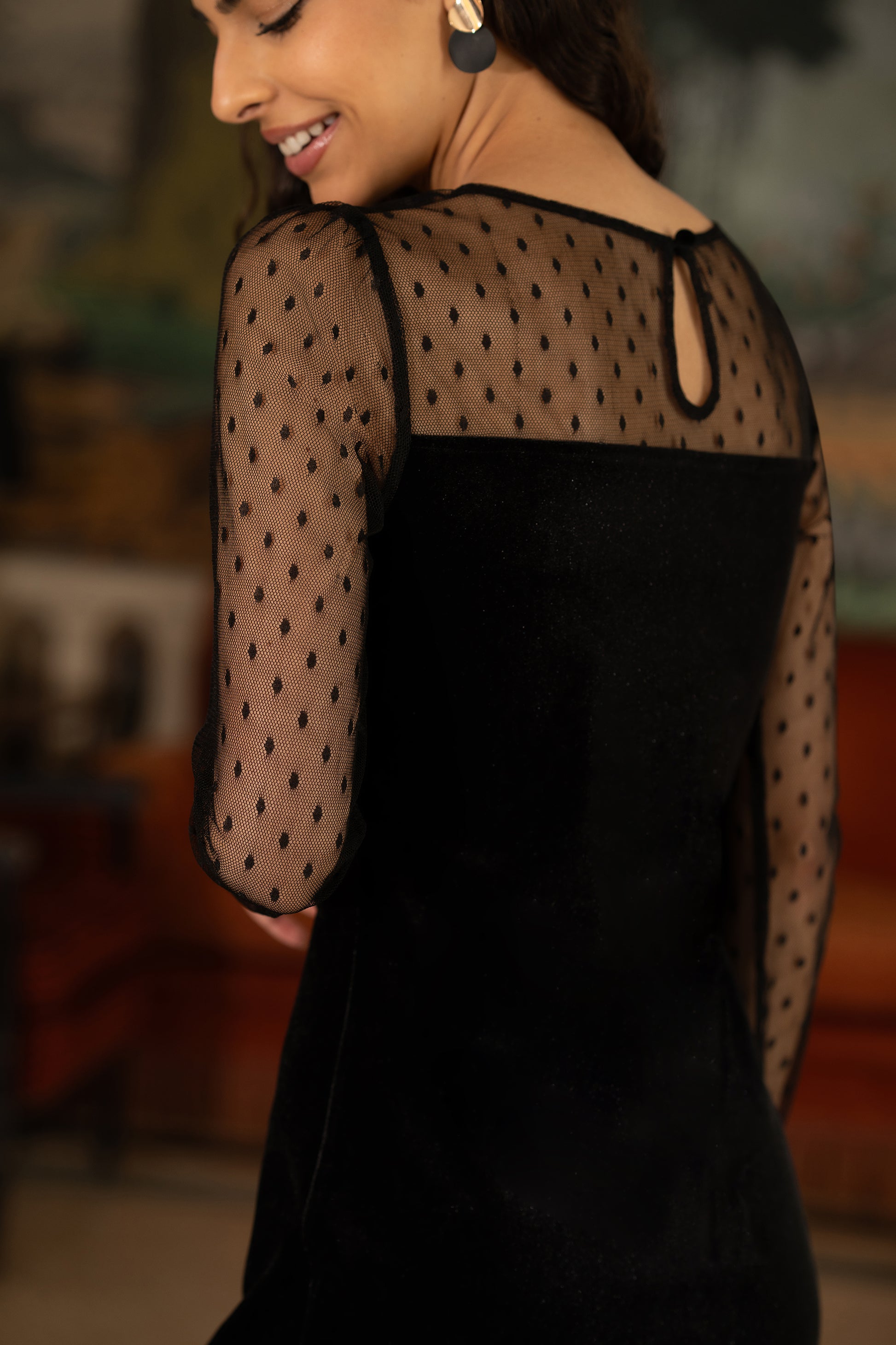 Yumi Black Velvet Dress With Sheer Long Sleeves Yumi