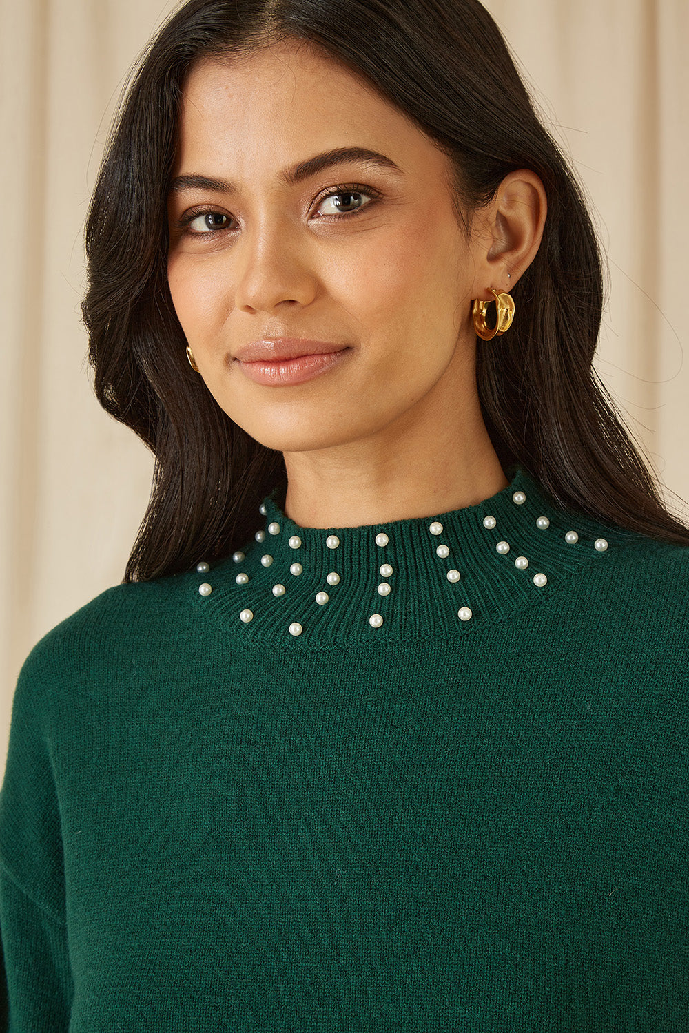 Yumi Green Pearl Detail Knitted Relaxed Jumper Dress | Yumi Yumi Green Pearl Detail Knitted Relaxed Jumper Dress | Yumi
