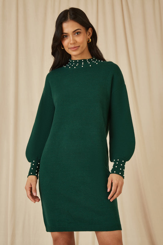Mela Green Pearl Detail Knitted Relaxed Jumper Dress Mela