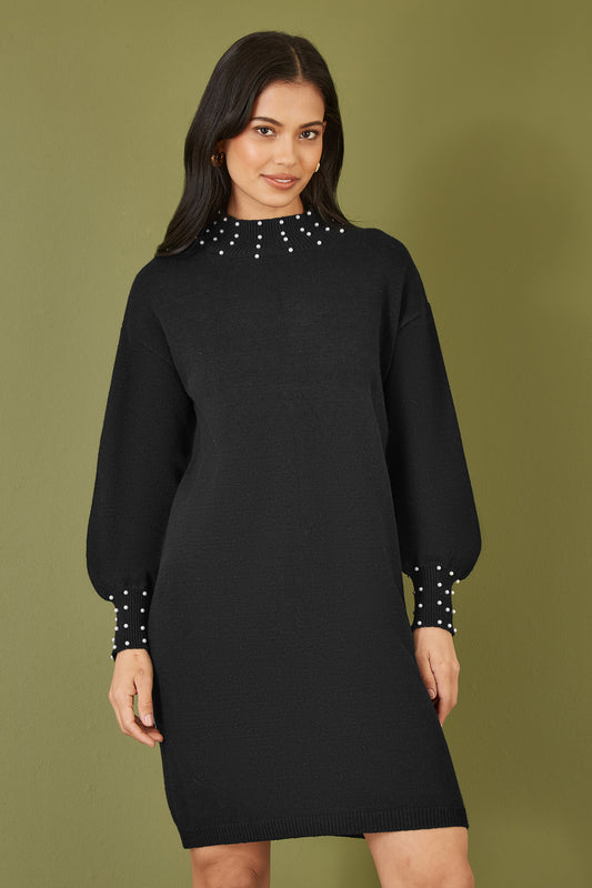 Yumi Black Pearl Detail Knitted Relaxed Jumper Dress Knit Dress Yumi