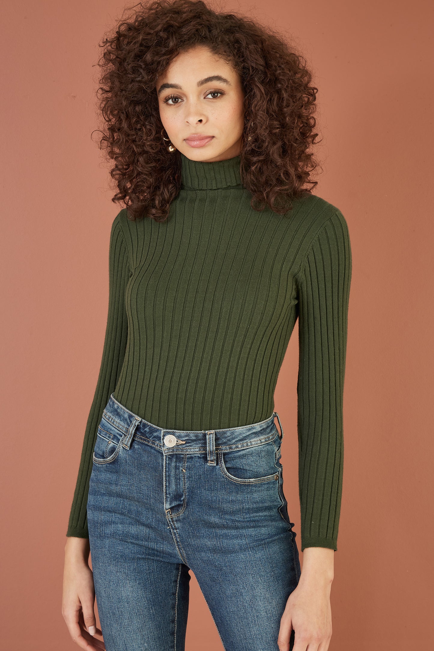 Yumi Green Ribbed Knit Roll Neck Jumper Knit Jumper Yumi