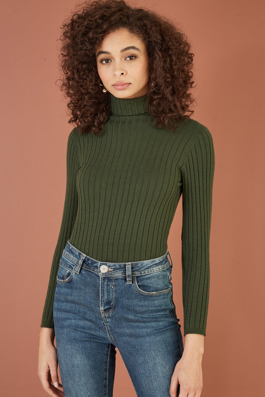 Yumi Green Ribbed Knit Roll Neck Jumper Knit Jumper Yumi