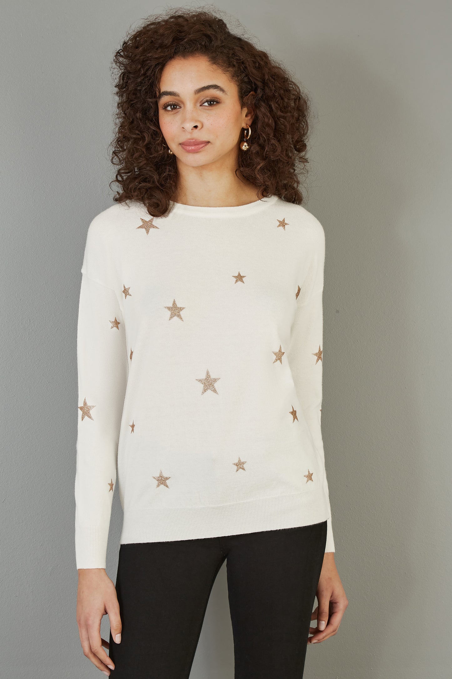 Yumi Cream Gold Foil Star Print Relaxed Fit Jumper Knit Xmas Jumper Yumi