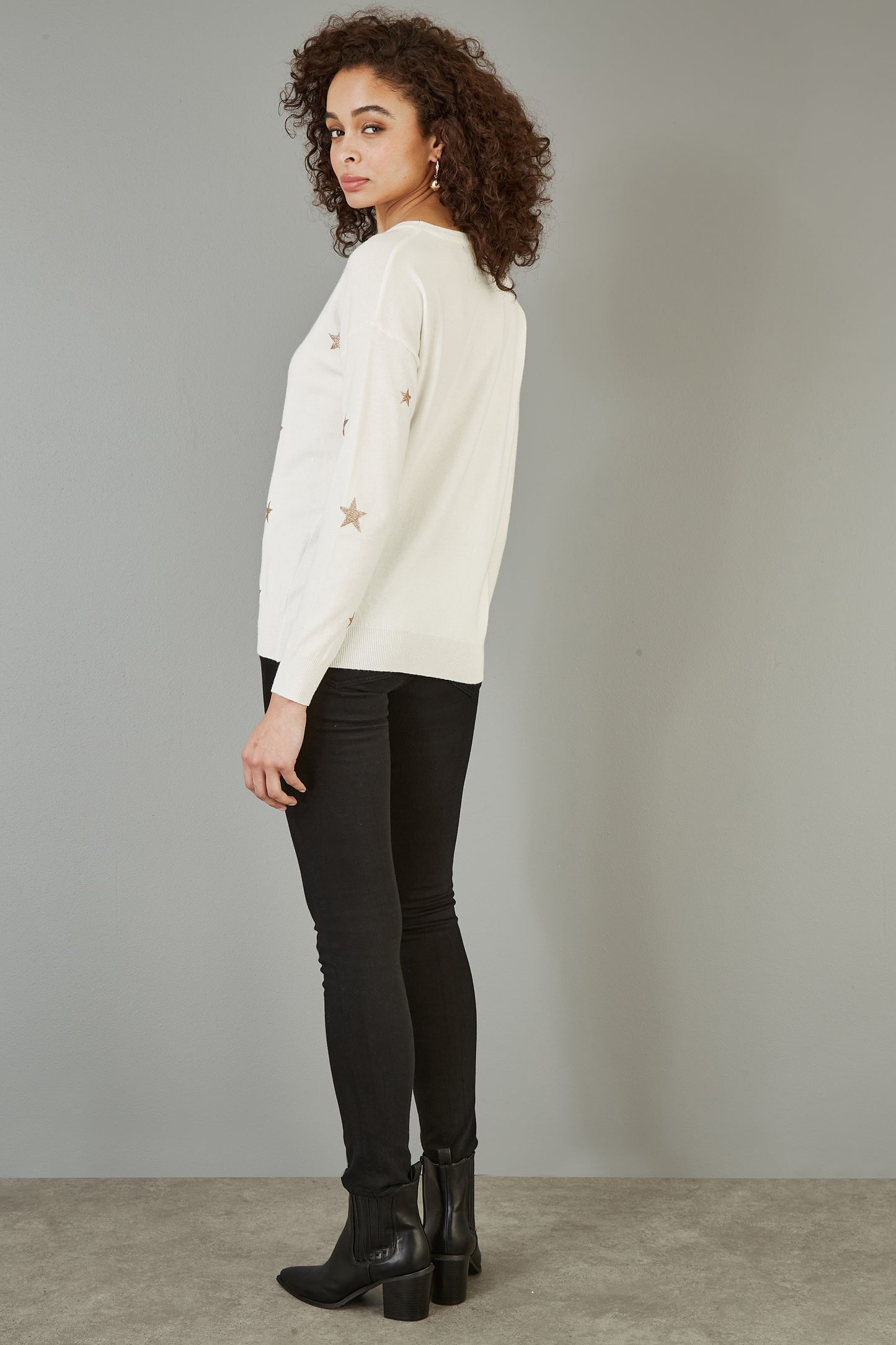 Yumi Cream Gold Foil Star Print Relaxed Fit Jumper Knit Xmas Jumper Yumi