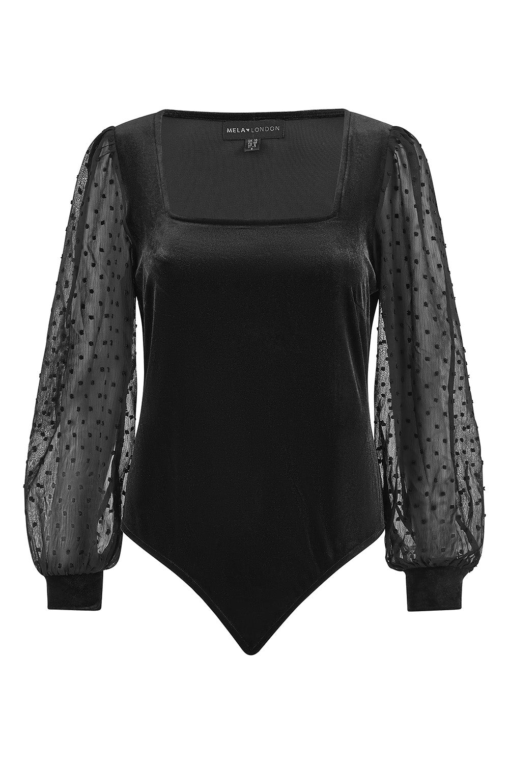 Mela Black Velvet Bodysuit With Sheer Sleeves And Square Neckline Mela