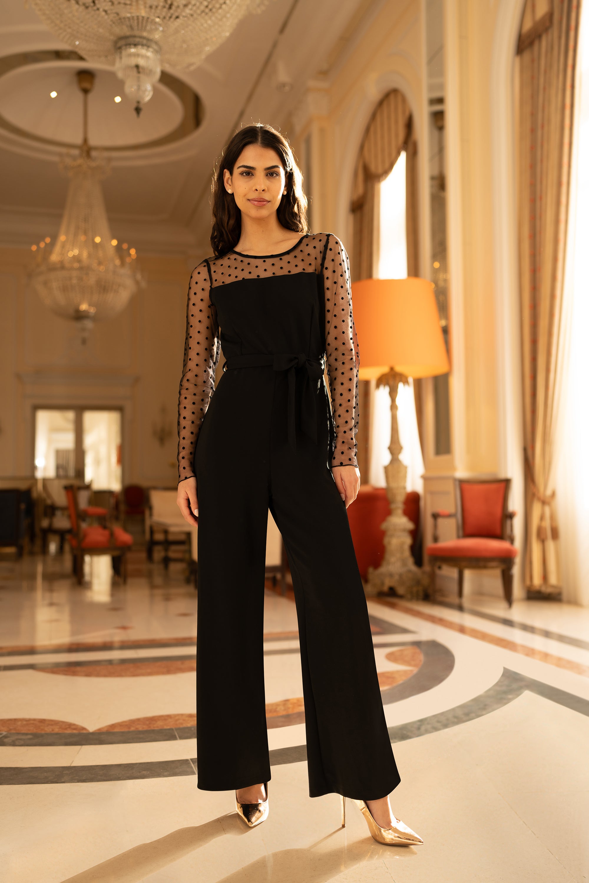 Spot Mesh Stretch Jumpsuit