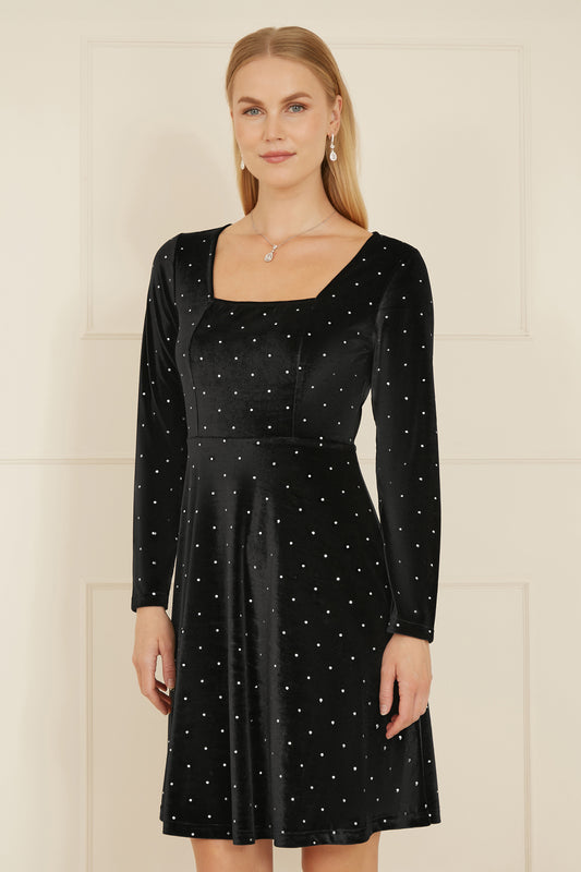 Yumi Black Skater Dress With Diamantes and Long Sleeve DRES Party Yumi