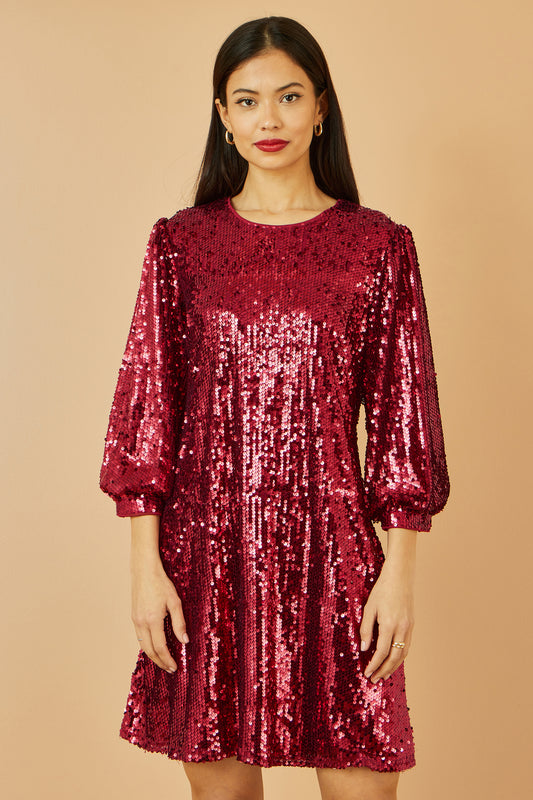 Yumi Burgundy Sequin Tunic Dress With Balloon Sleeves Dress Party Yumi