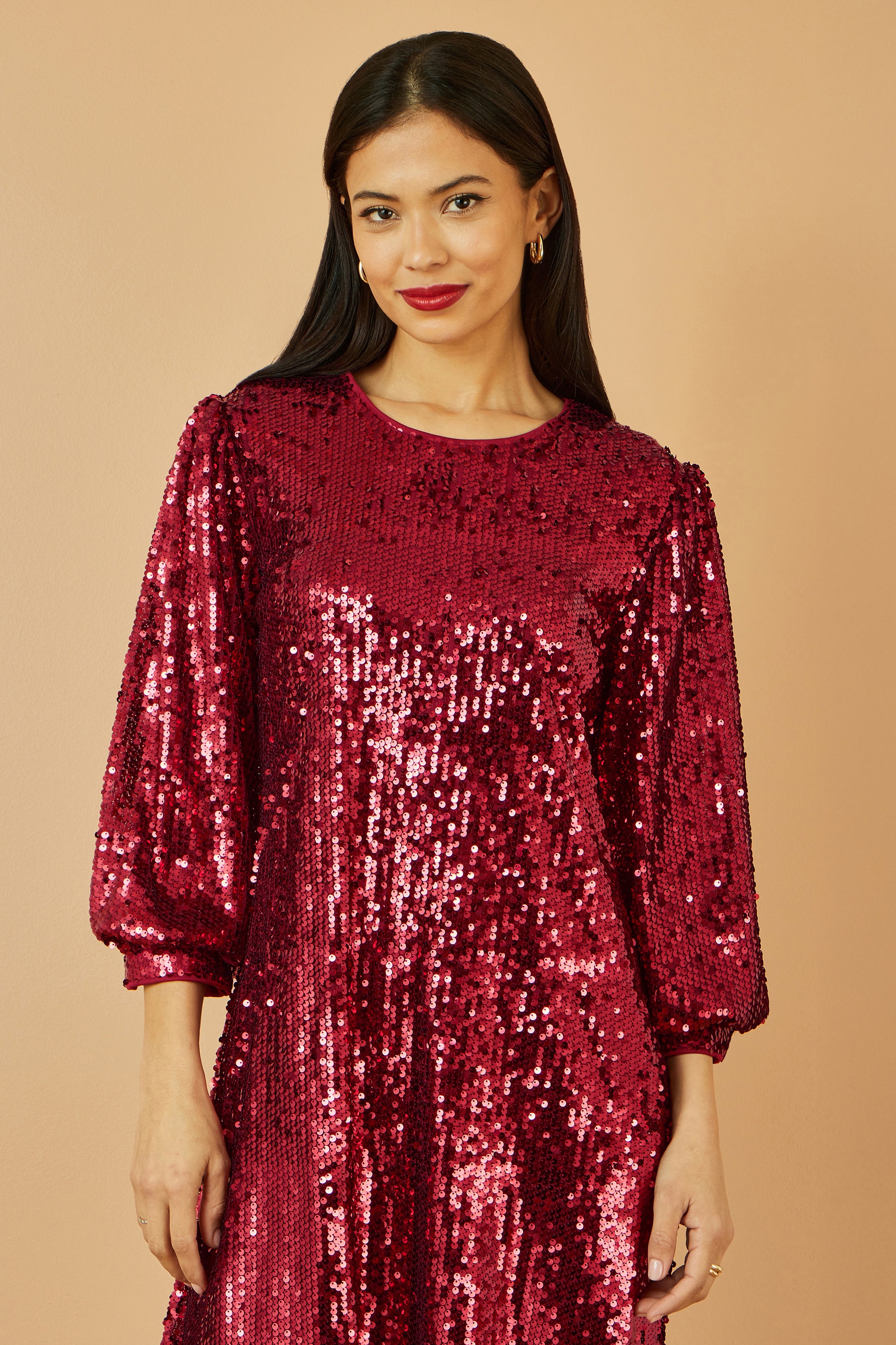 Yumi Burgundy Sequin Tunic Dress With Balloon Sleeves Dress Party Yumi