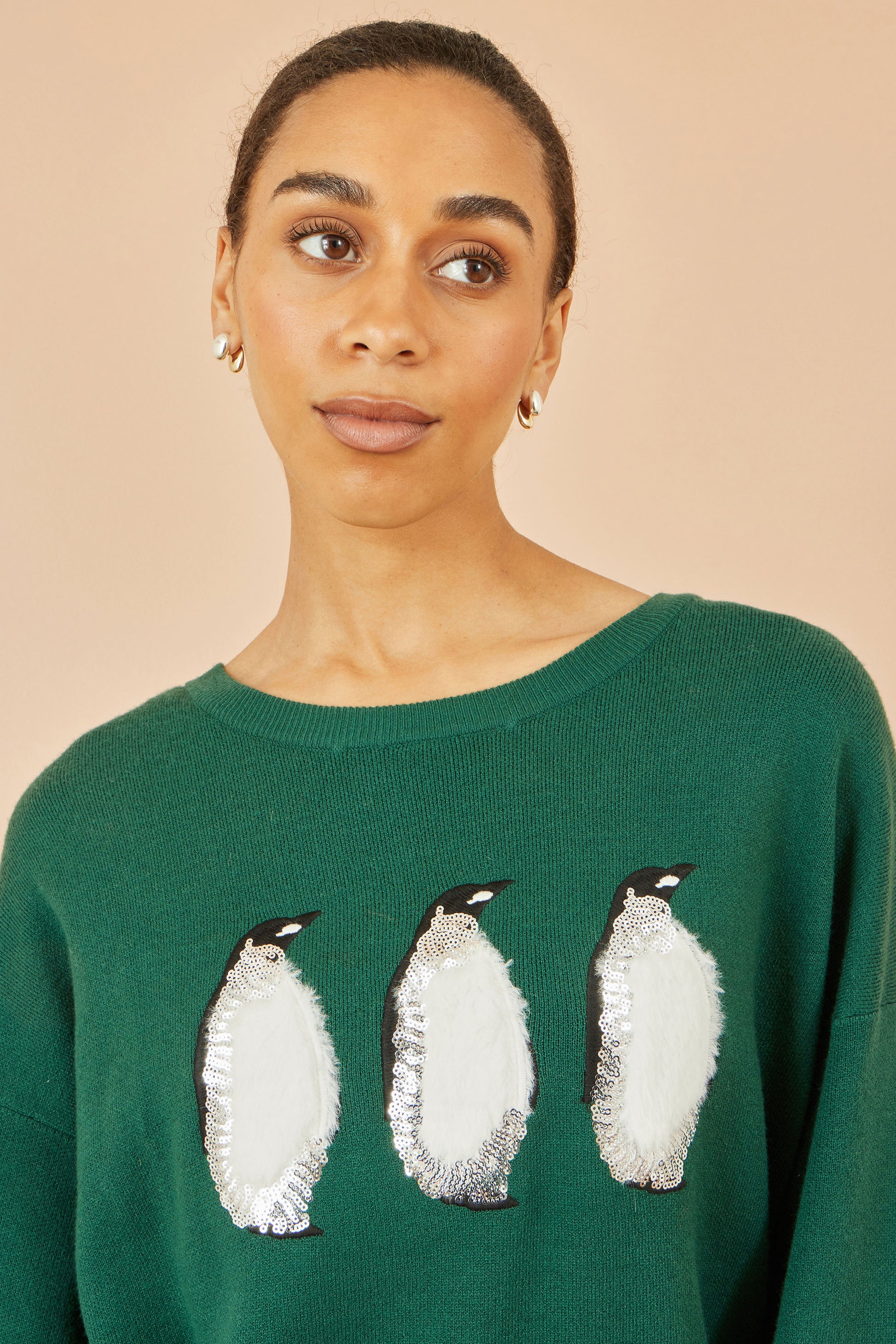 Yumi Green Christmas Festive Penguin Knitted Jumper Knit Xmas Jumper Yumi
