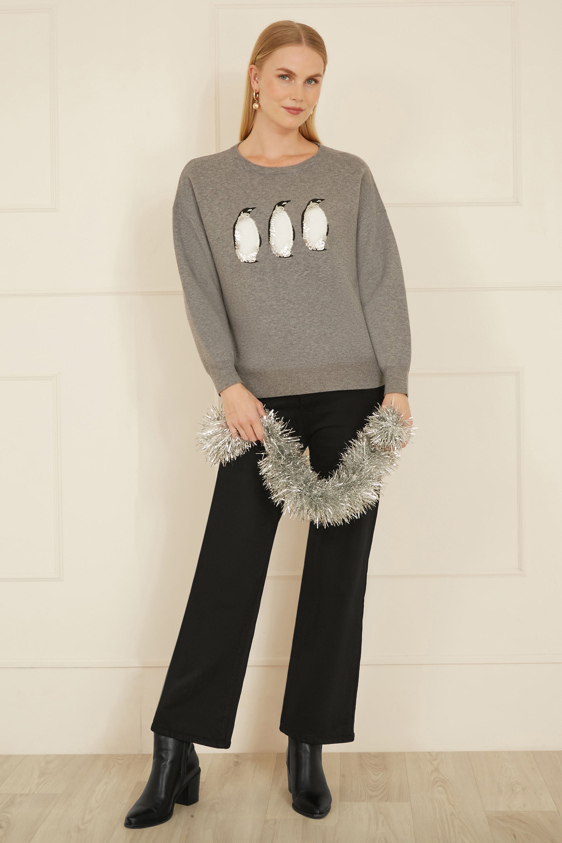 Yumi Grey Christmas Festive Penguin Knitted Jumper KNIT Jumper Yumi