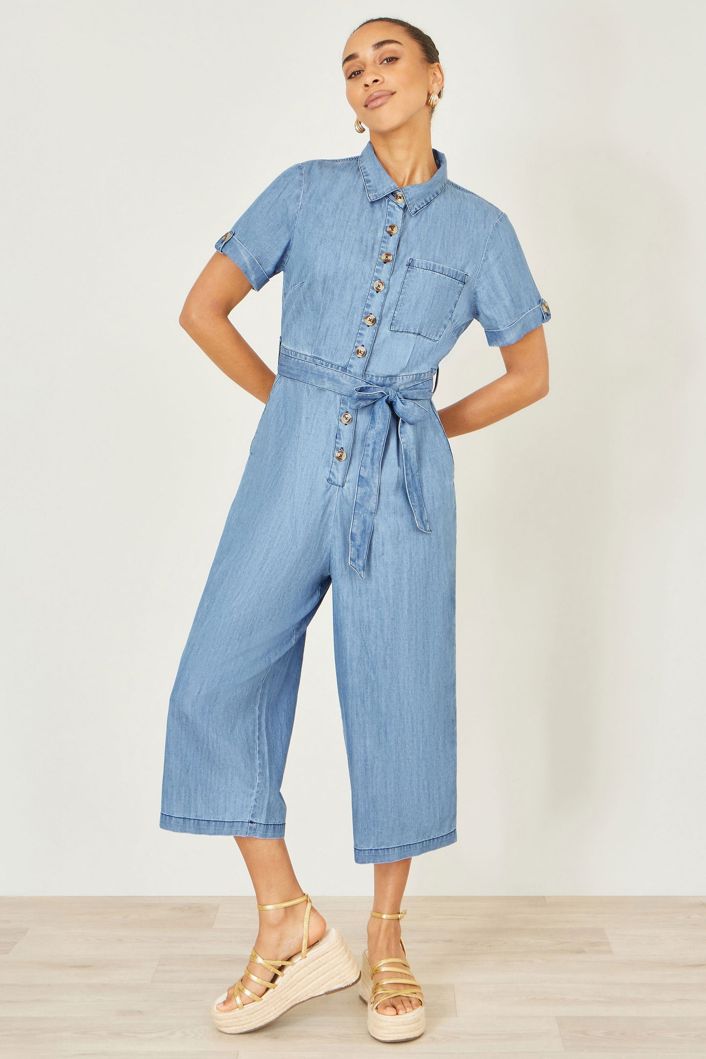 Yumi Blue Chambray Light Denim Button Jumpsuit JUMPSUIT Yumi