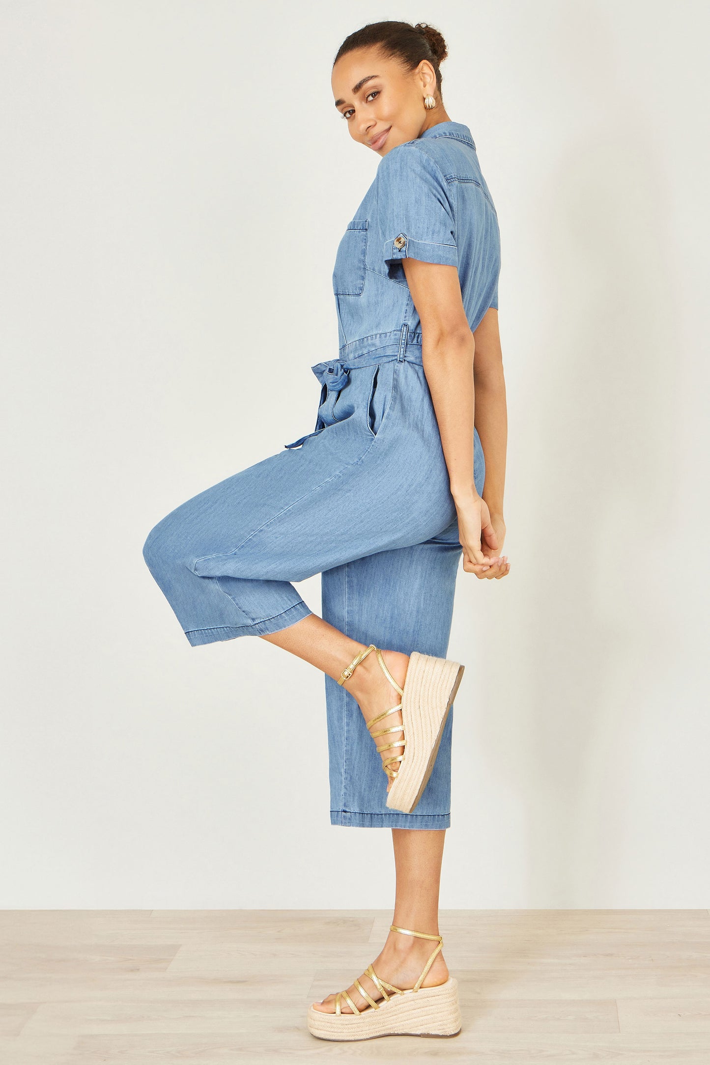 Yumi Blue Chambray Light Denim Button Jumpsuit JUMPSUIT Yumi