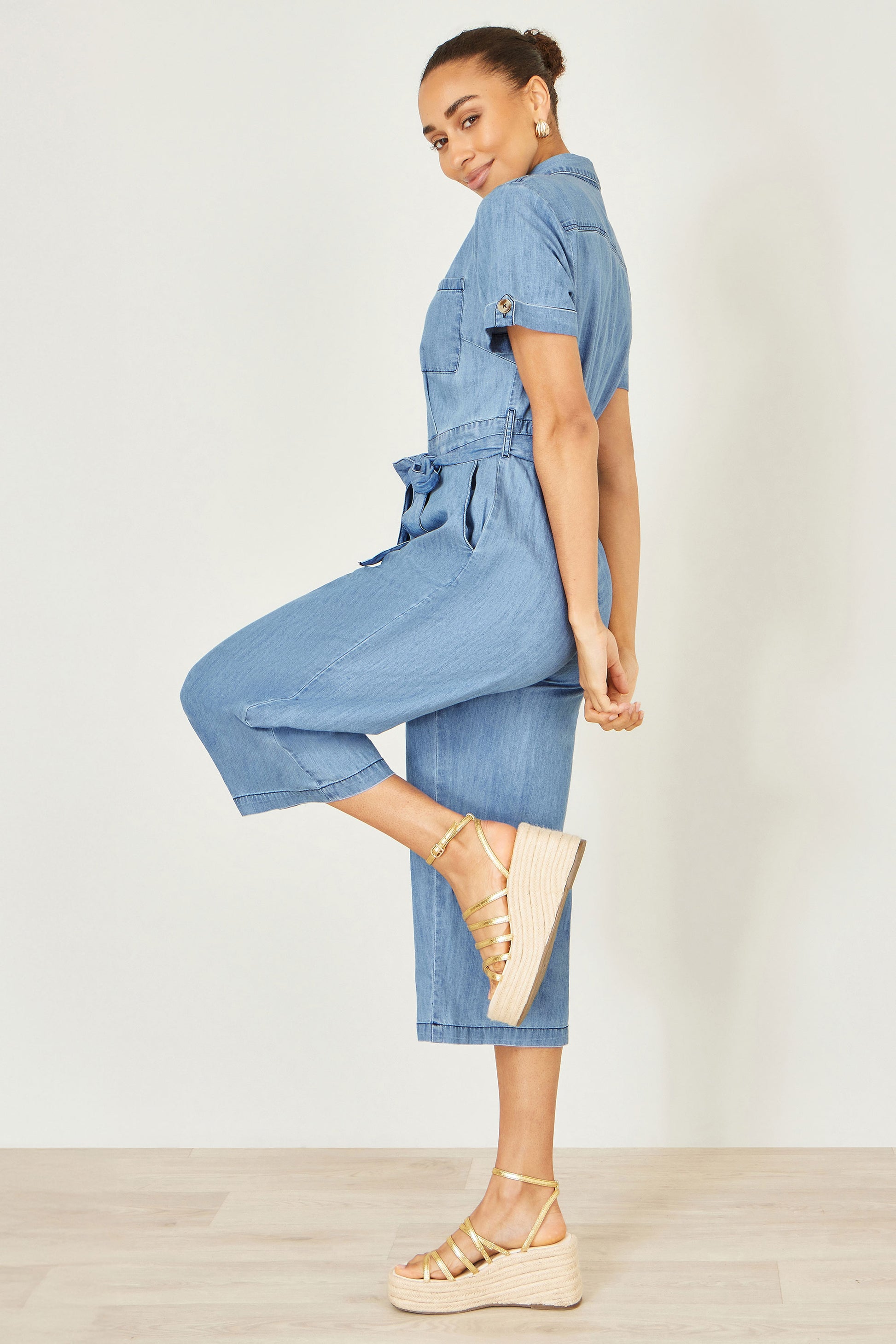 Yumi Blue Chambray Light Denim Button Jumpsuit JUMPSUIT Yumi