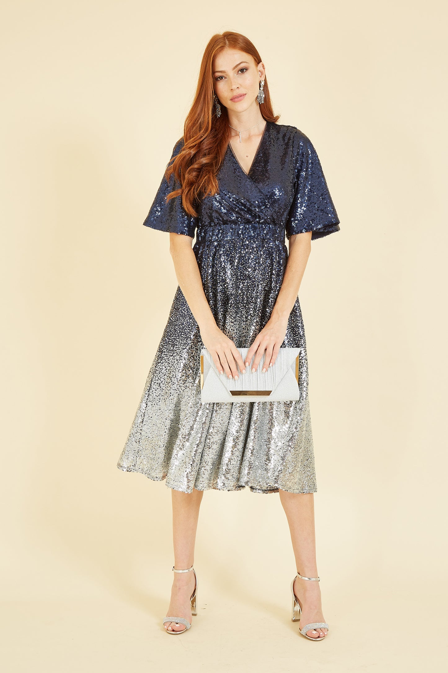 Yumi Navy and Silver Ombre Sequin Midi Wrap Dress Yumi