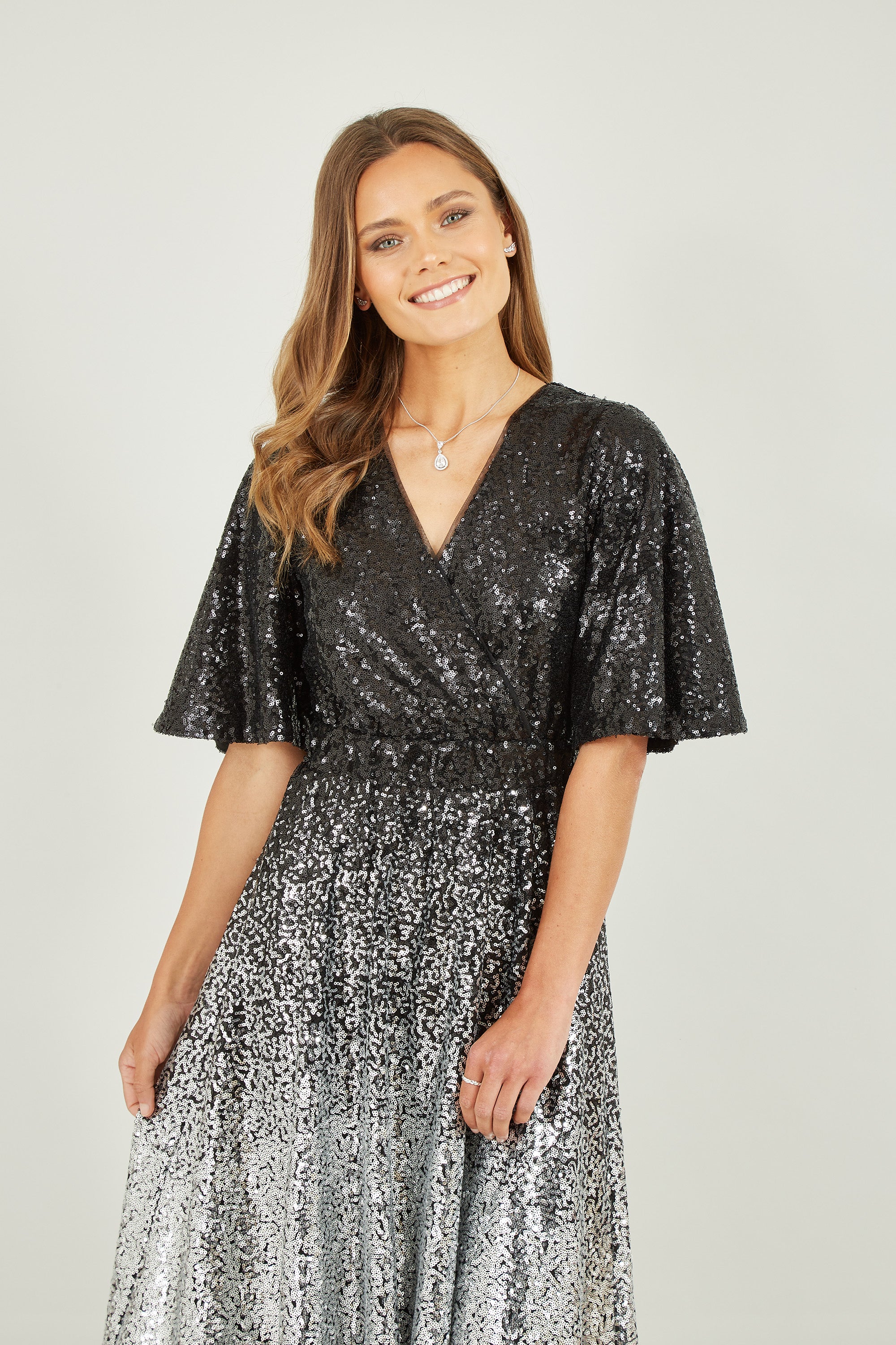 Yumi Black And Silver Ombre Sequin Midi Wrap Dress | Yumi