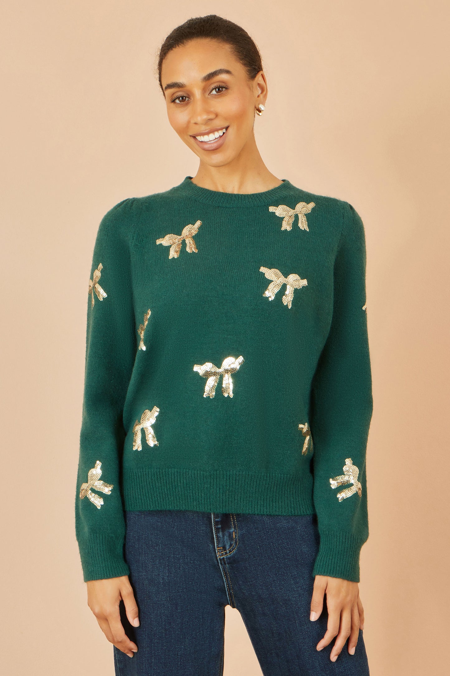 Yumi Green Sequin All Over Applique Bow Knitted Jumper Knit Xmas Jumper Yumi