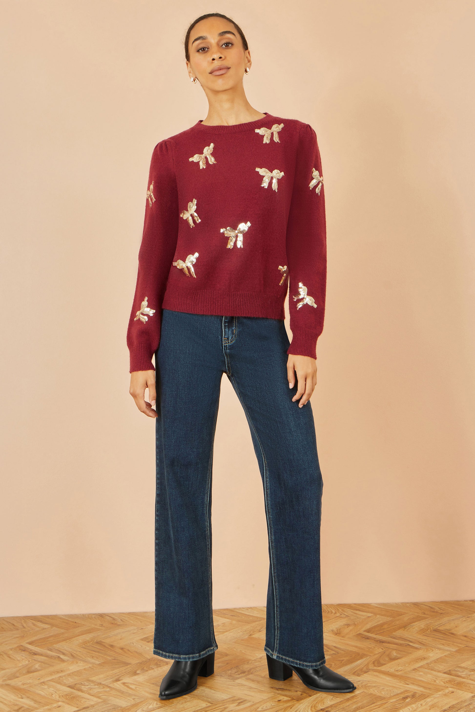 Yumi Burgundy Sequin All Over Applique Bow Knitted Jumper Knit Xmas Jumper Yumi