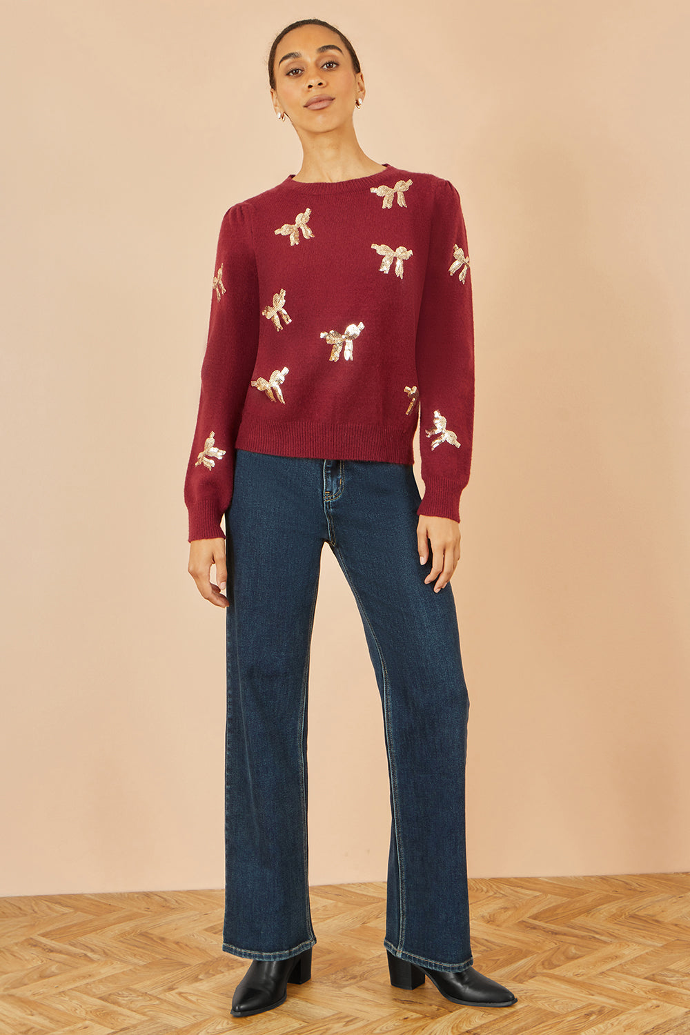 Yumi Burgundy Sequin All Over Applique Bow Knitted Jumper Knit Xmas Jumper Yumi