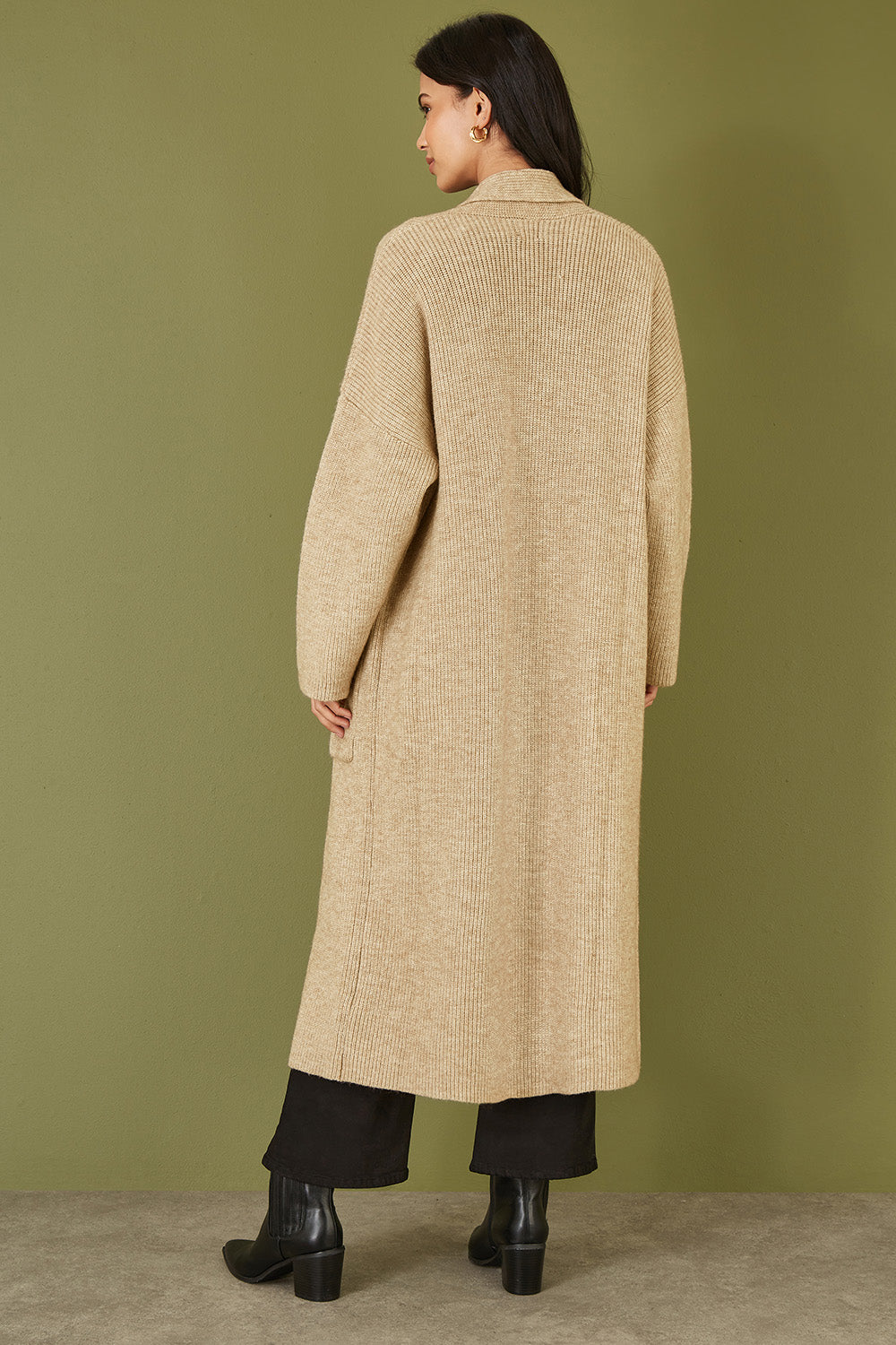 Yumi Oatmeal Knitted Maxi Cardigan With Pockets Yumi
