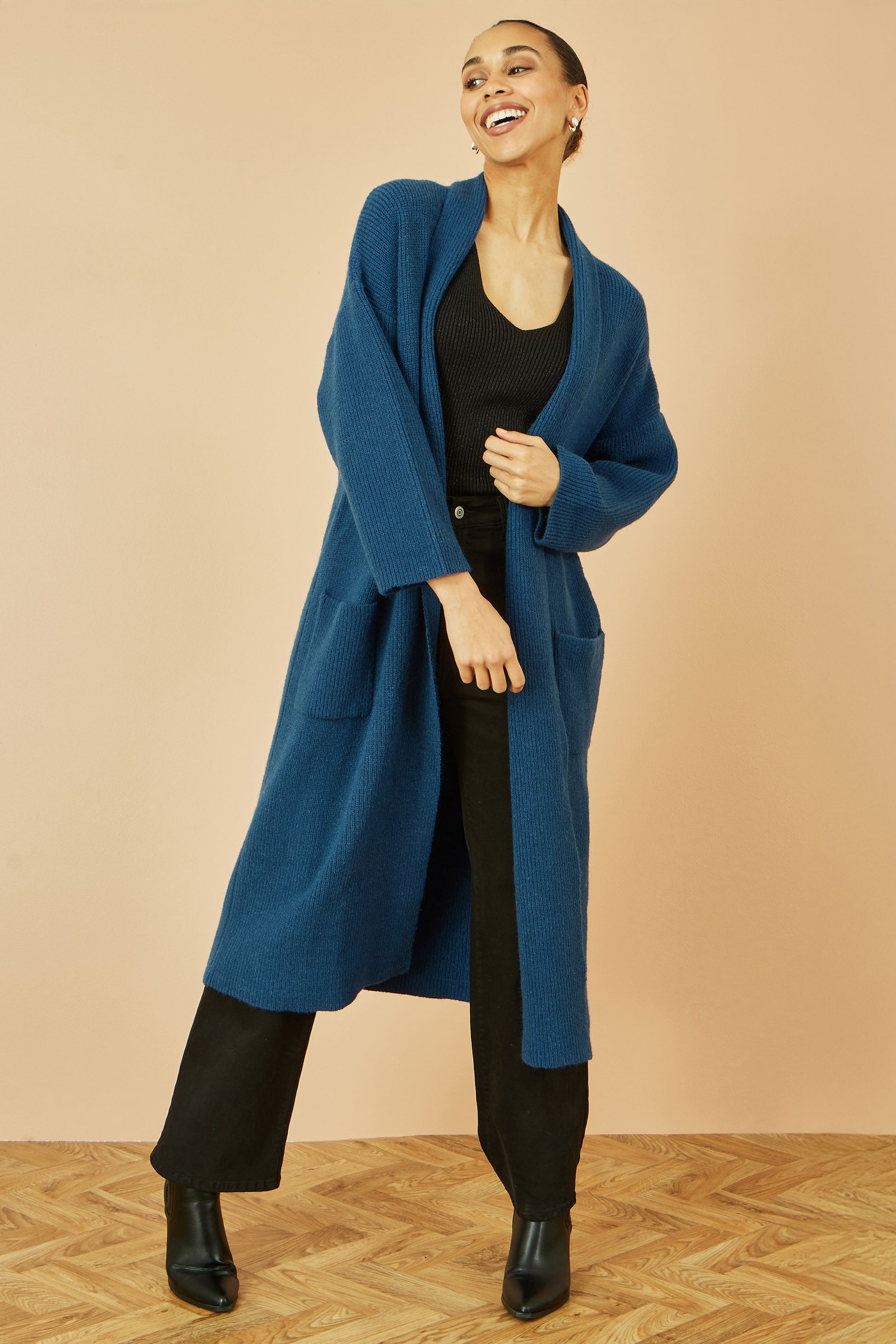 Yumi Teal Knitted Maxi Cardigan With Pockets Knit Cardigan Yumi