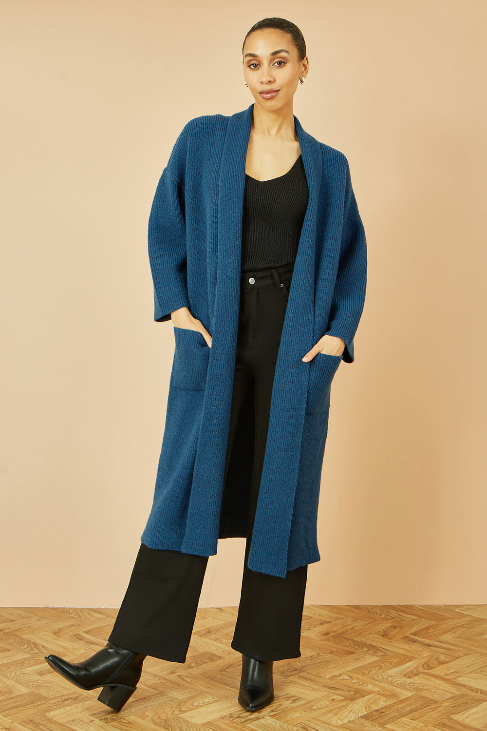 Yumi Teal Knitted Maxi Cardigan With Pockets Knit Cardigan Yumi