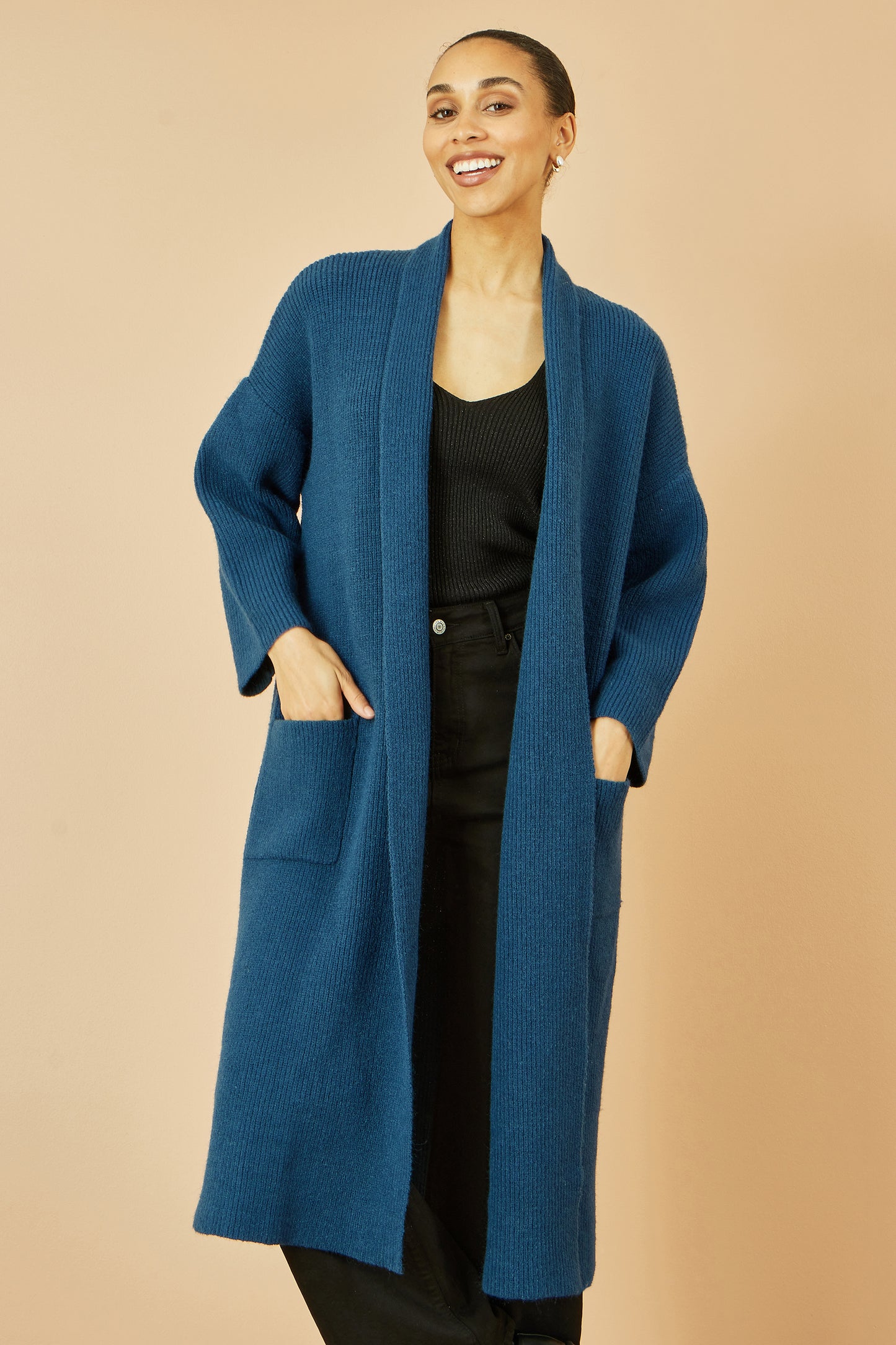 Yumi Teal Knitted Maxi Cardigan With Pockets Knit Cardigan Yumi