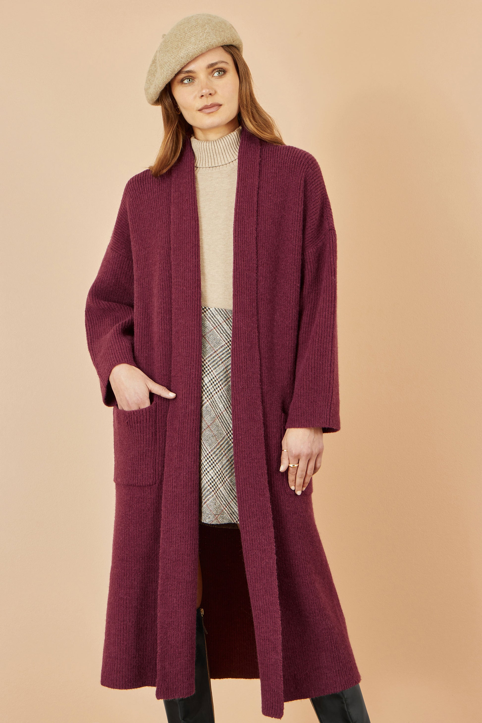 Yumi Burgundy Knitted Maxi Cardigan With Pockets Knit Cardigan Yumi