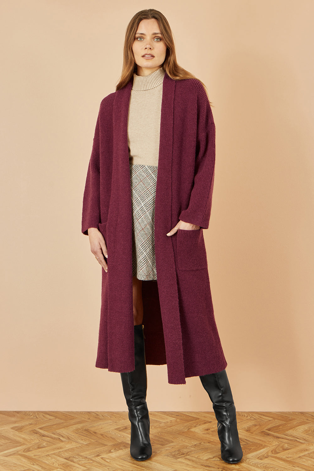 Yumi Burgundy Knitted Maxi Cardigan With Pockets Knit Cardigan Yumi