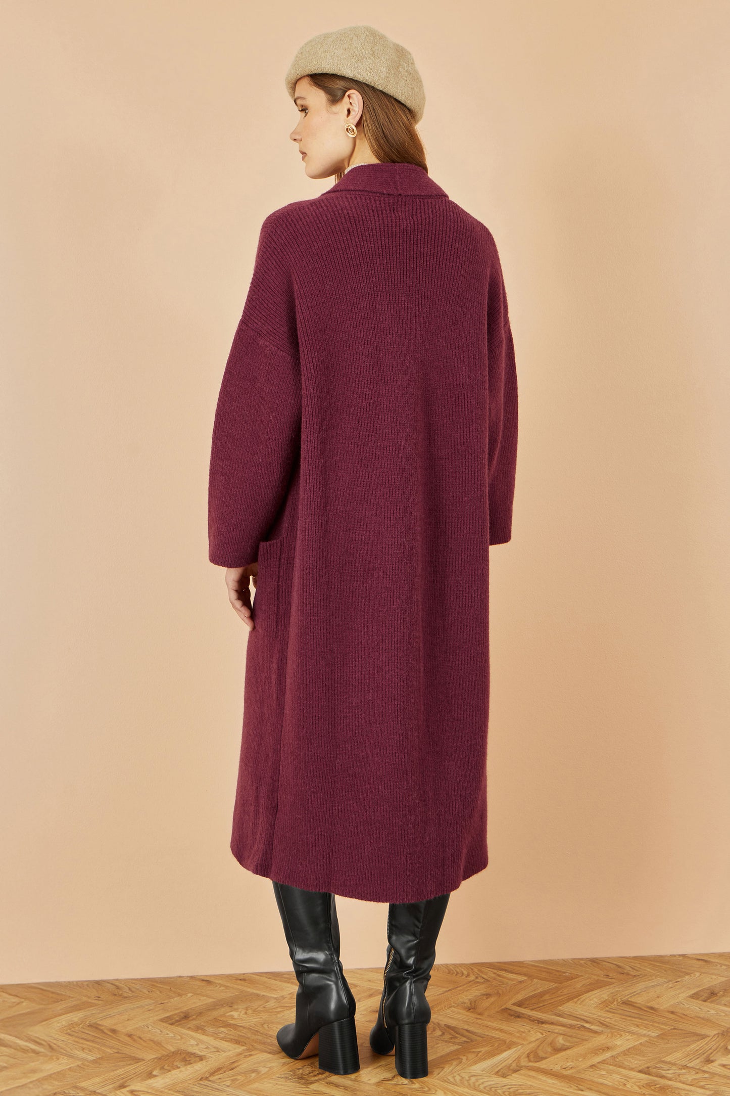 Yumi Burgundy Knitted Maxi Cardigan With Pockets Knit Cardigan Yumi