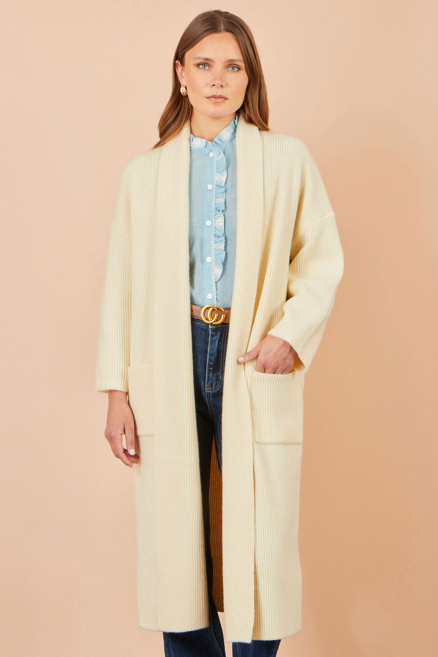 Yumi Ivory Knitted Maxi Cardigan With Pockets Knit Cardigan Yumi