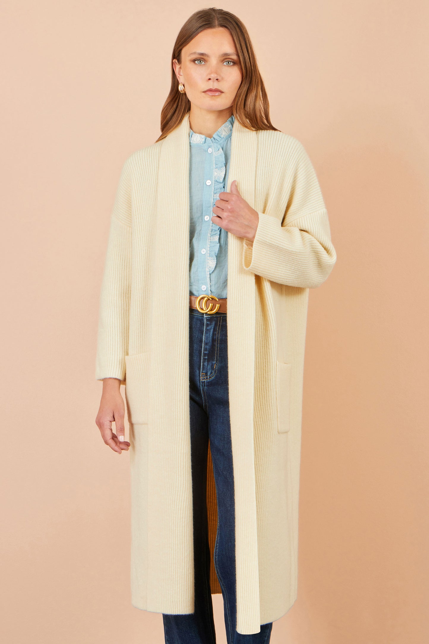 Yumi Ivory Knitted Maxi Cardigan With Pockets Knit Cardigan Yumi