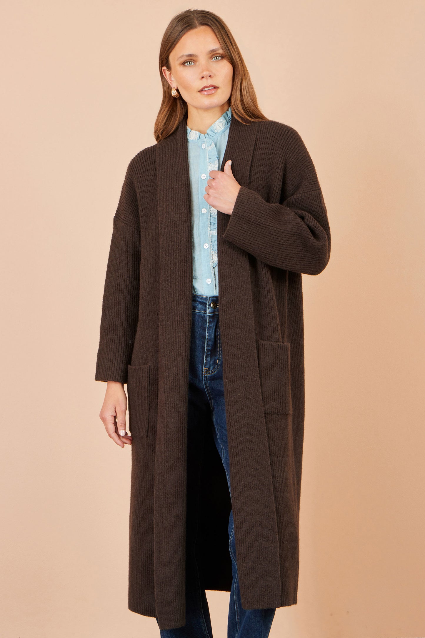 Yumi Brown Knitted Maxi Cardigan With Pockets Knit Cardigan Yumi