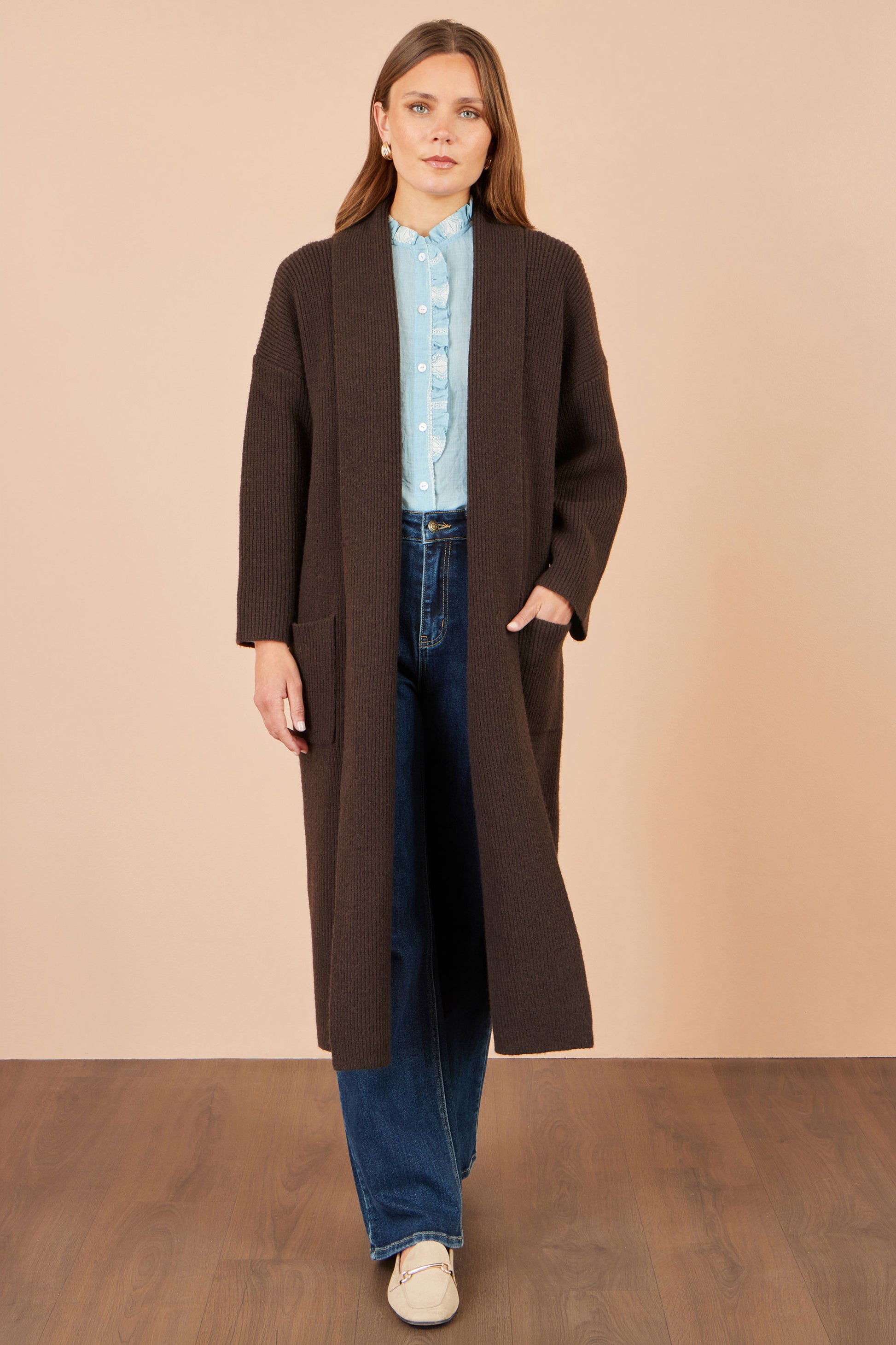 Yumi Brown Knitted Maxi Cardigan With Pockets Knit Cardigan Yumi