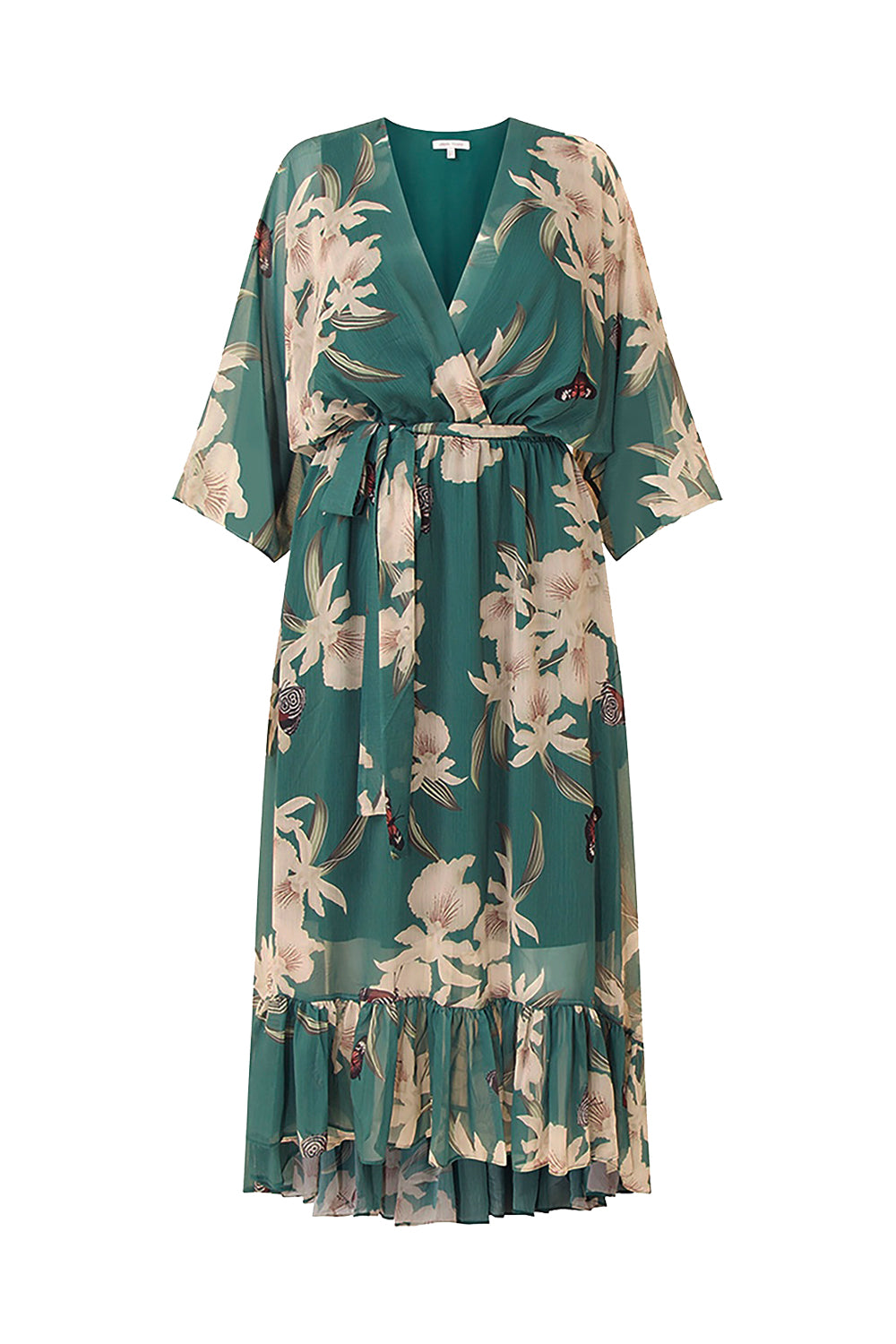 Green Floral Kimono Sleeves Dip Hem Wrap Midi Dress Yumi Green Floral Kimono Sleeves Dip Hem Wrap Midi Dress Yumi