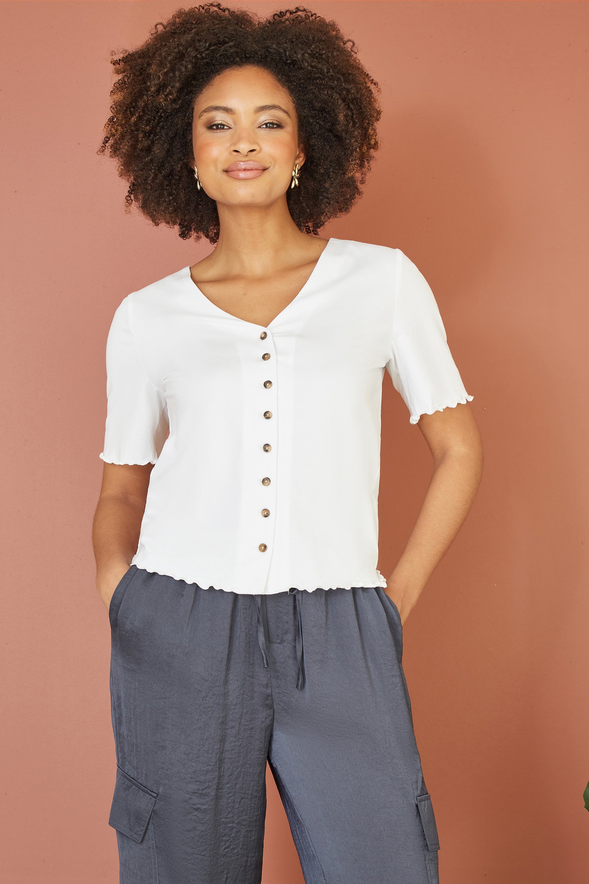Cotton Button Detail T Shirt