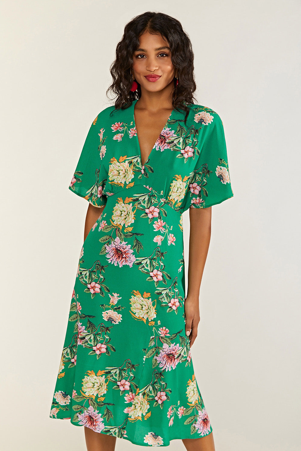 Yumi Green Floral Kimono Midi Dress Yumi