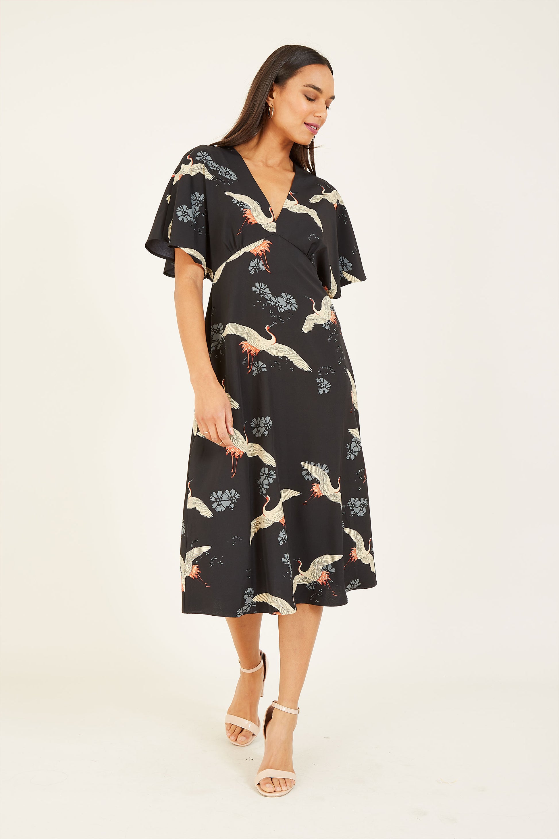 Black Crane Print Kimono Midi Dress Yumi Black Crane Print Kimono Midi Dress Yumi