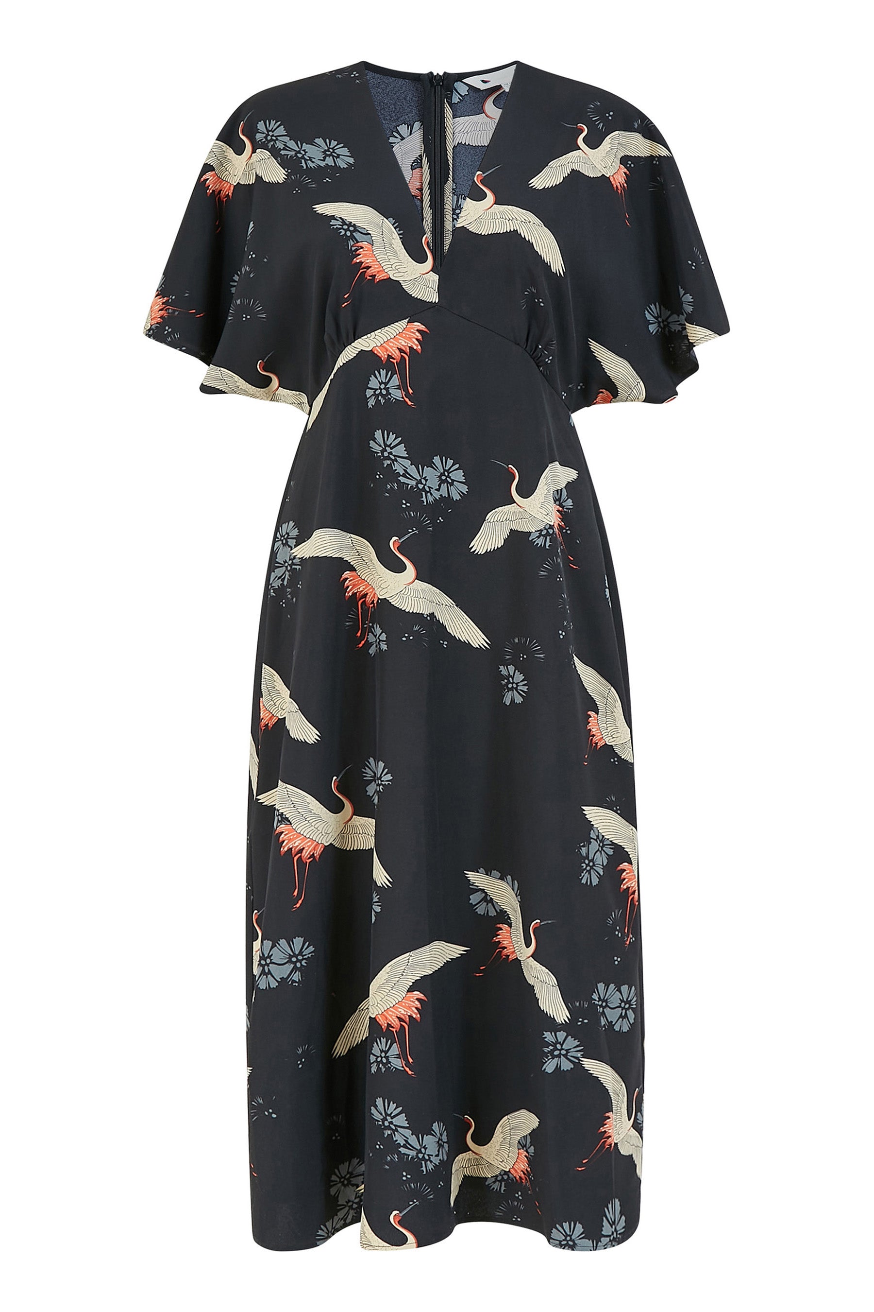 Black Crane Print Kimono Midi Dress Yumi