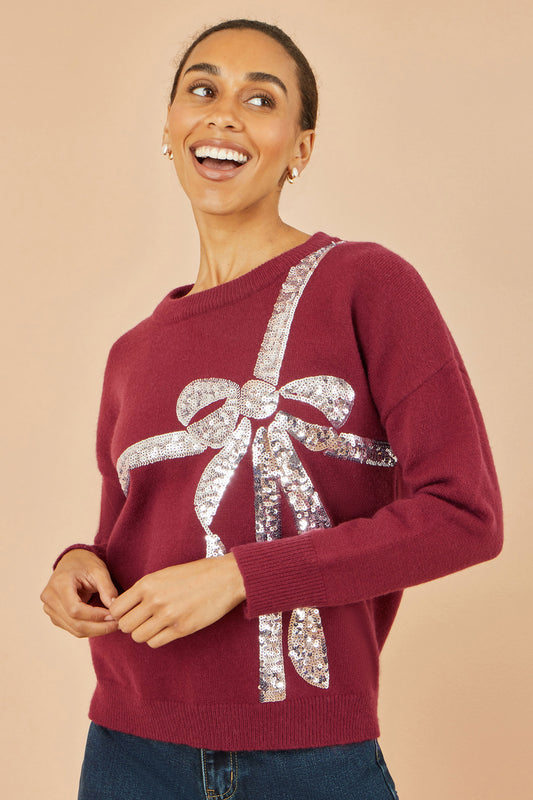 Yumi Burgundy Sequin Bow Knitted Jumper Knit Xmas Jumper Yumi