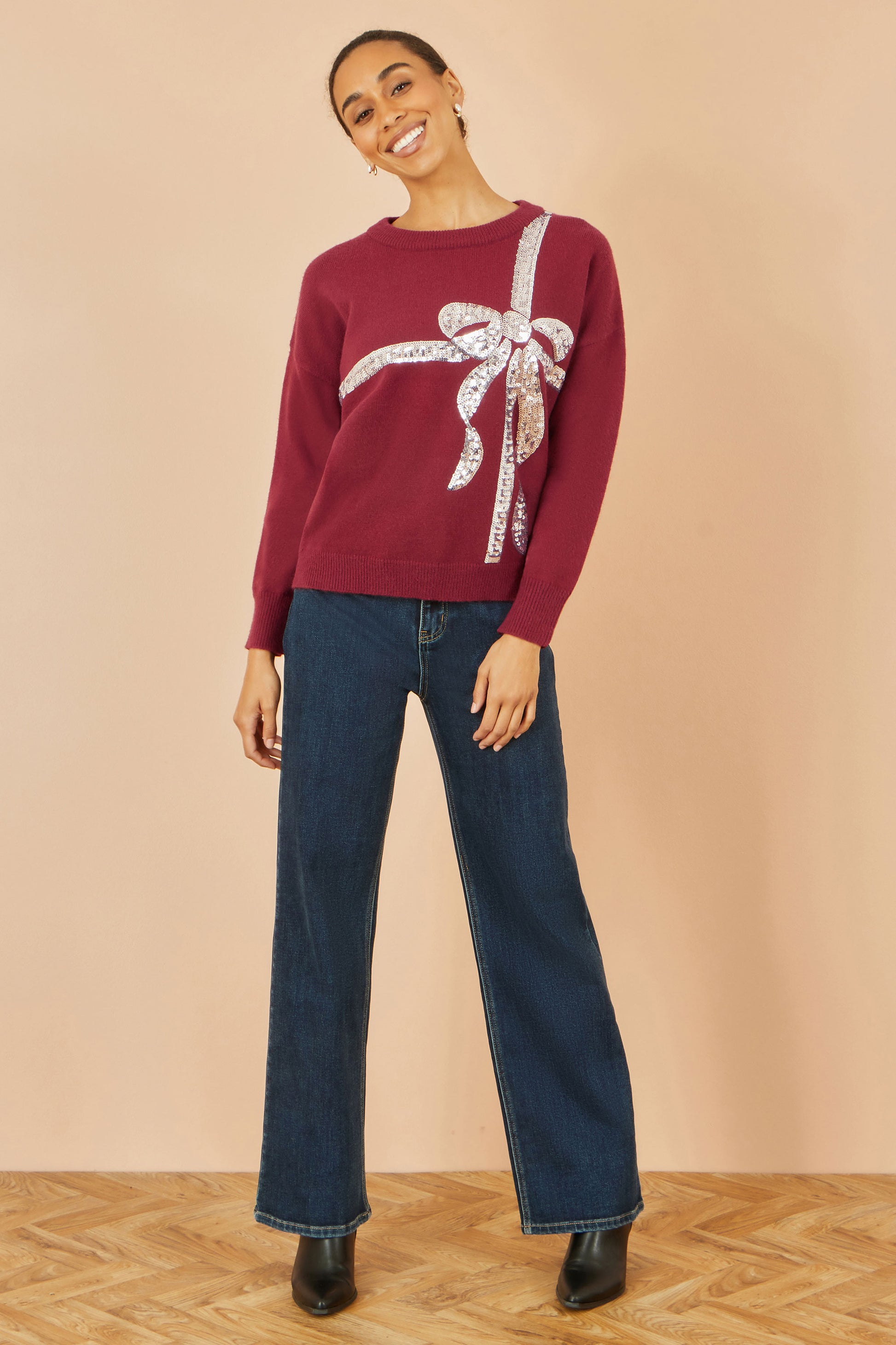 Yumi Burgundy Sequin Bow Knitted Jumper Knit Xmas Jumper Yumi