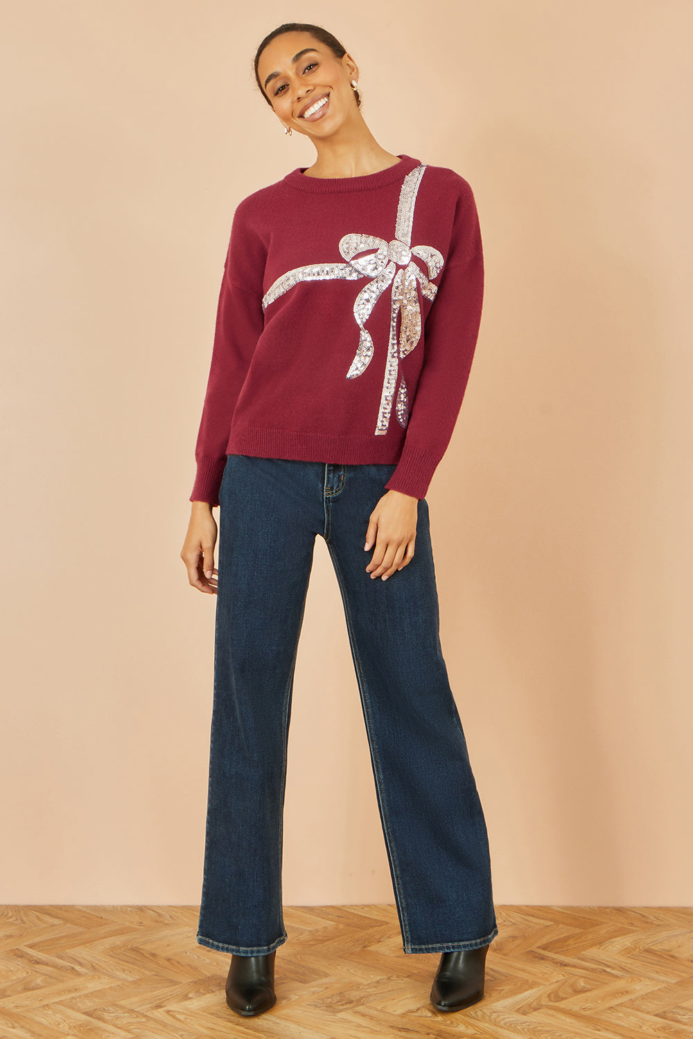 Yumi Burgundy Sequin Bow Knitted Jumper Knit Xmas Jumper Yumi