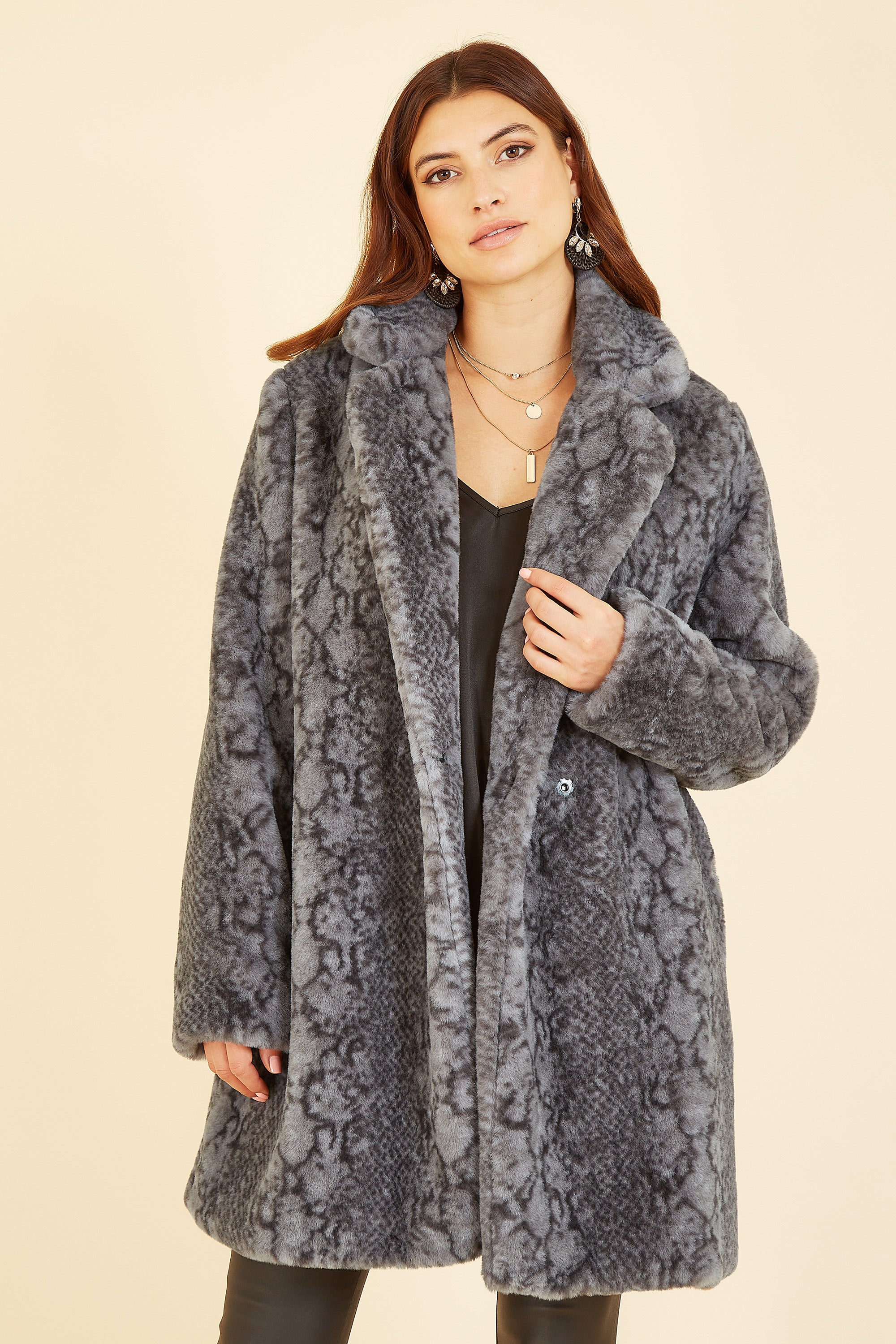 Yumi Grey Snakeskin Print Faux Fur Coat | Yumi