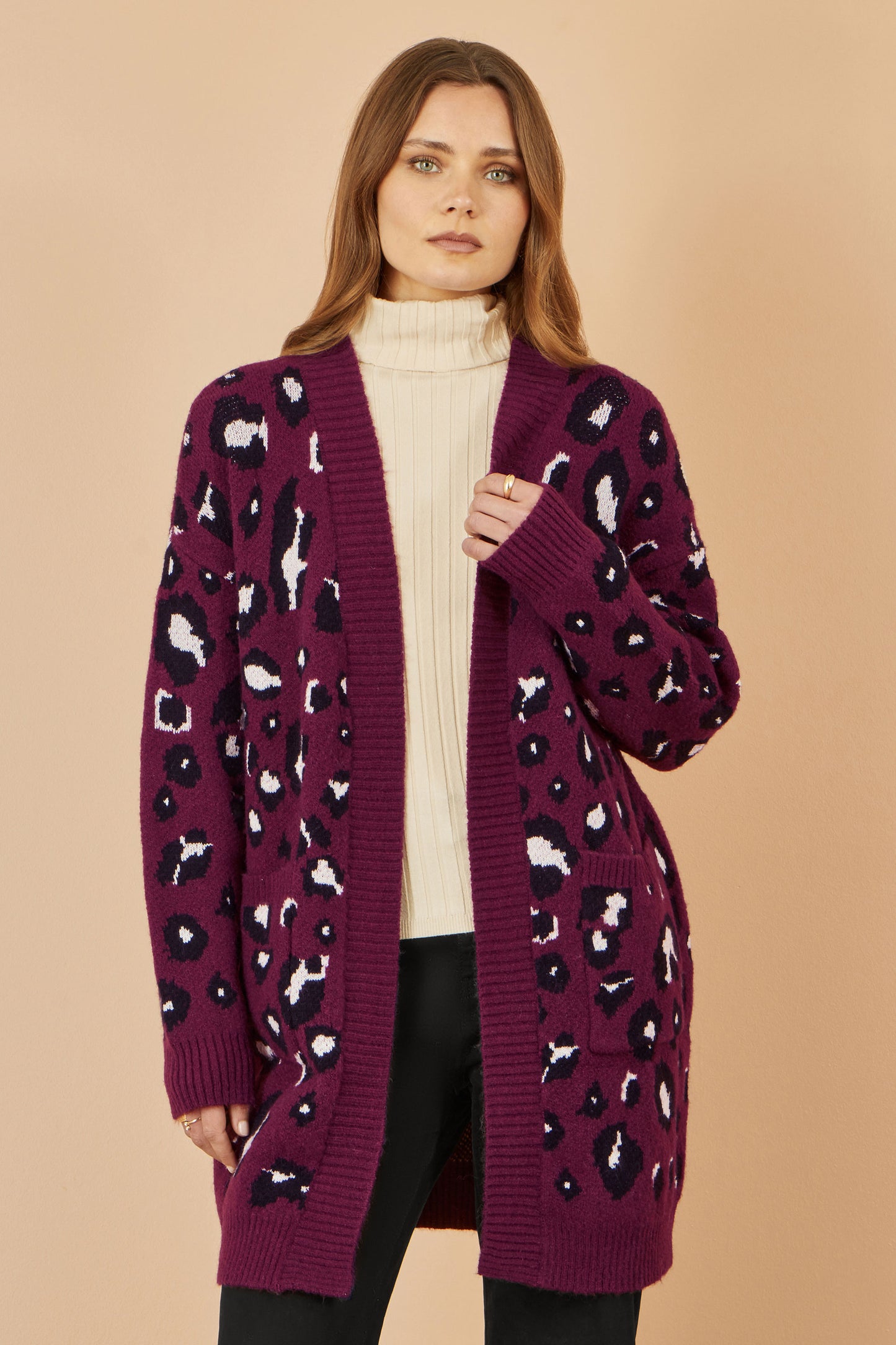 Yumi Burgundy Animal Intarsia Long Cardigan Knit Cardigan Yumi