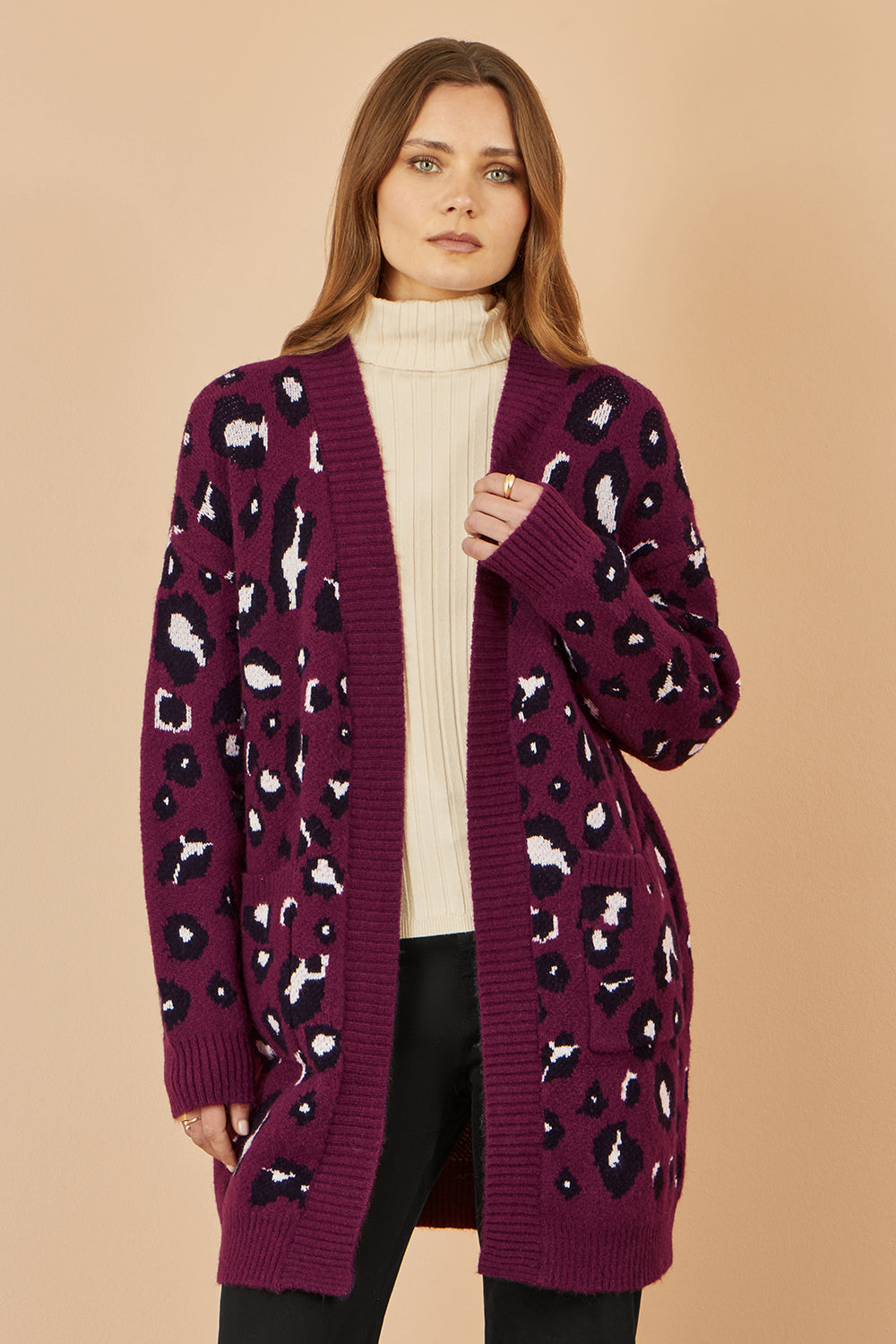 Yumi Burgundy Animal Intarsia Long Cardigan Knit Cardigan Yumi