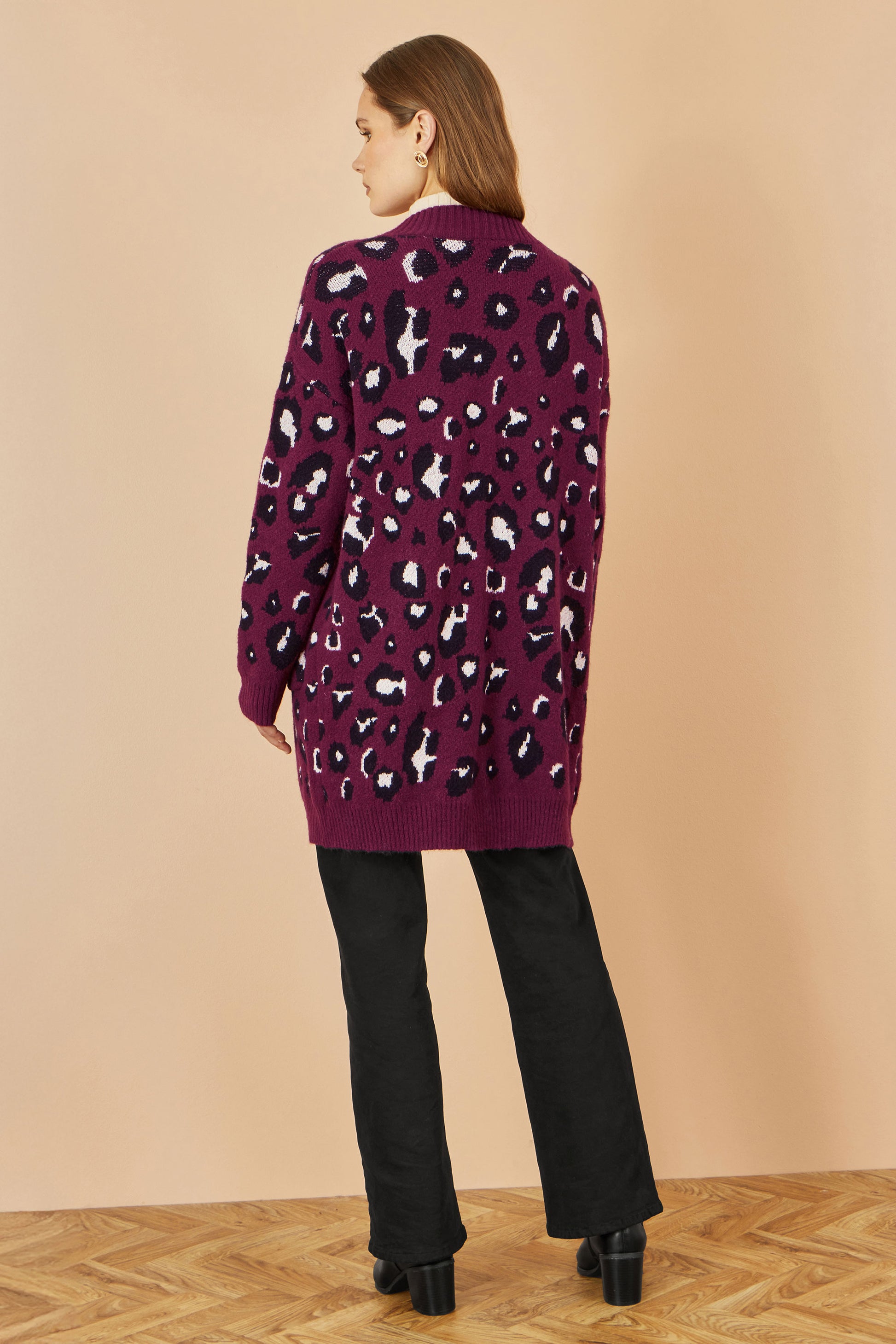 Yumi Burgundy Animal Intarsia Long Cardigan Knit Cardigan Yumi